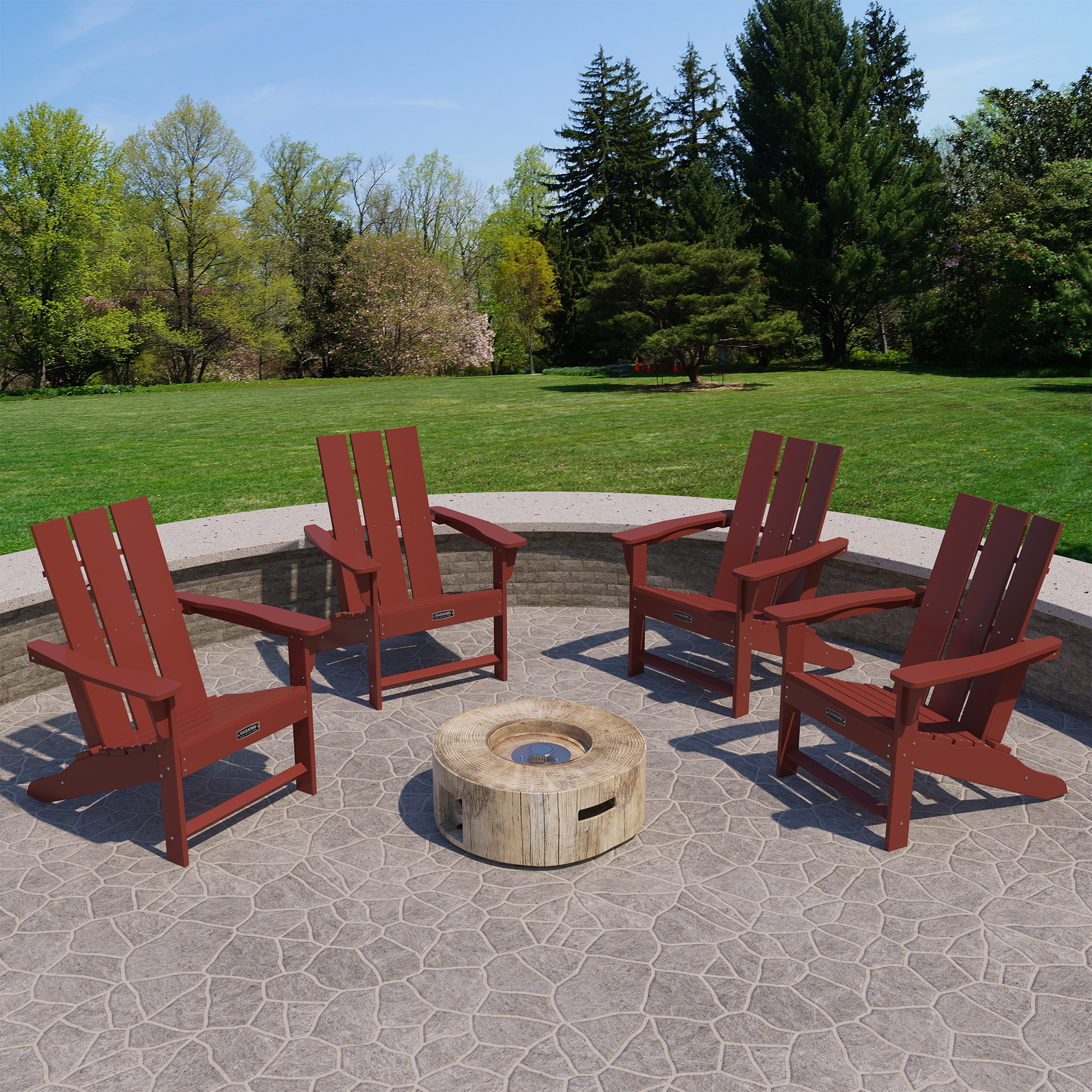 5-Piece / 3-Piece HDPE Adirondack Chair Outdoor Meeting Set with 28-inch Square 40,000 BTU Auto-Ignition Propane Gas Firepit with Waterproof Cover