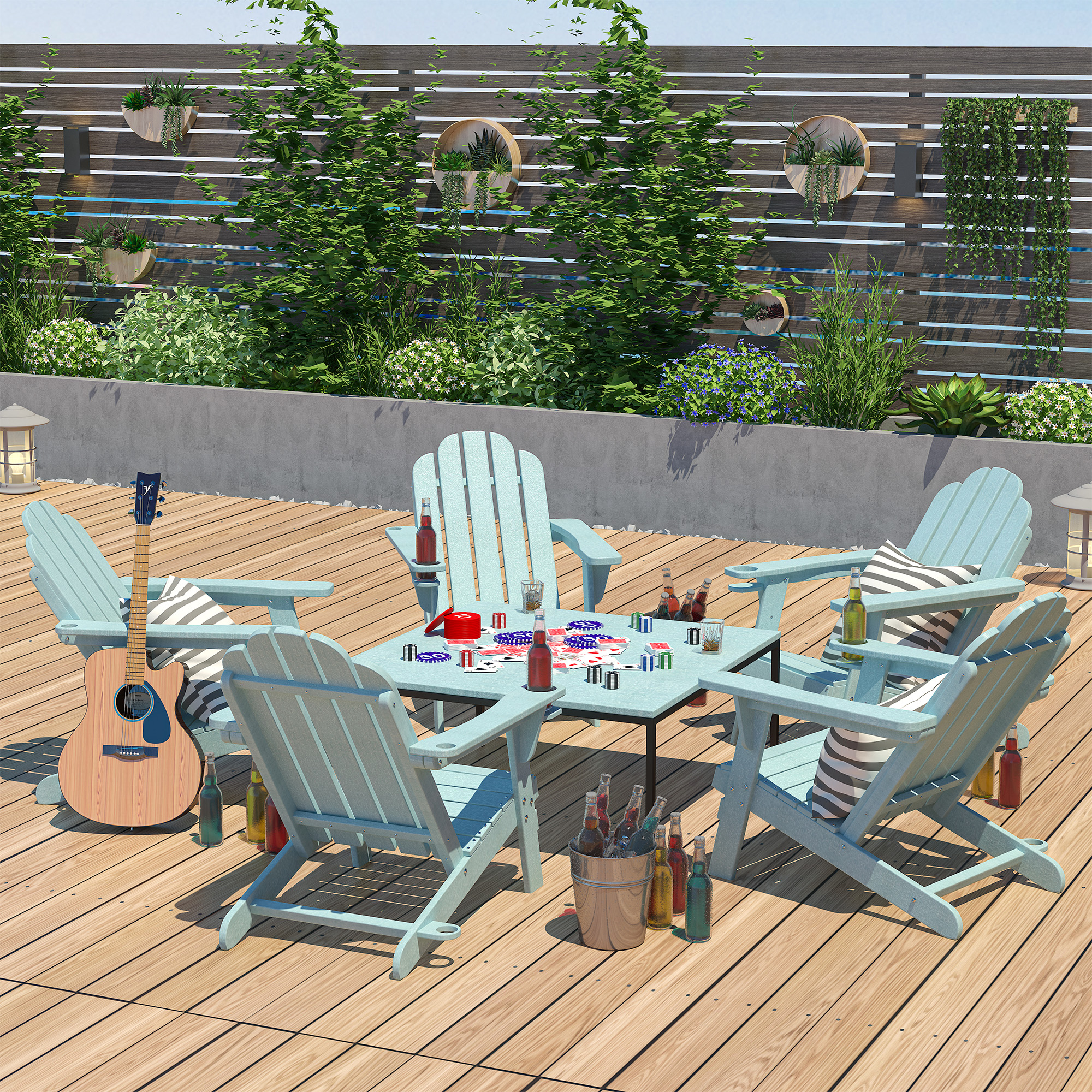 5-Piece/3-Piece HDPE Adirondack Chairs with Cup Holder and Umbrella Hole Outdoor Set and 32-inch Square Fire Pit Table