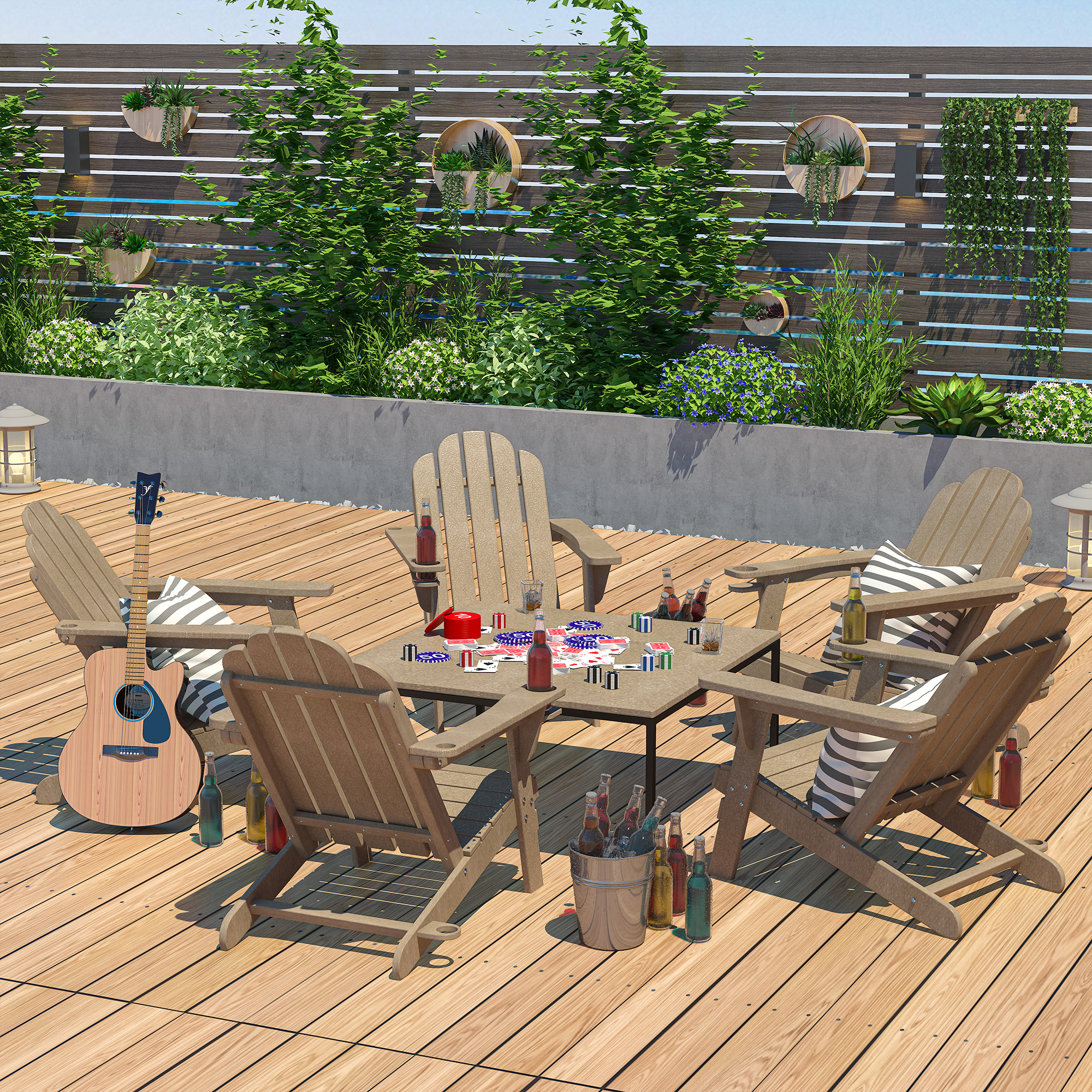 5-Piece/3-Piece HDPE Adirondack Chairs with Cup Holder and Umbrella Hole Outdoor Set and 32-inch Square Fire Pit Table