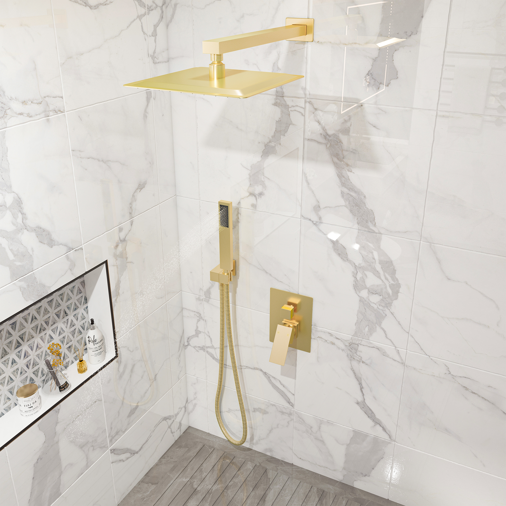 10 in. Wall Mounted Single Handle 1-Spray Dual Shower Faucet 2.5 GPM with Pressure Balance in Chrome/Brushed Nickel/Brushed Gold