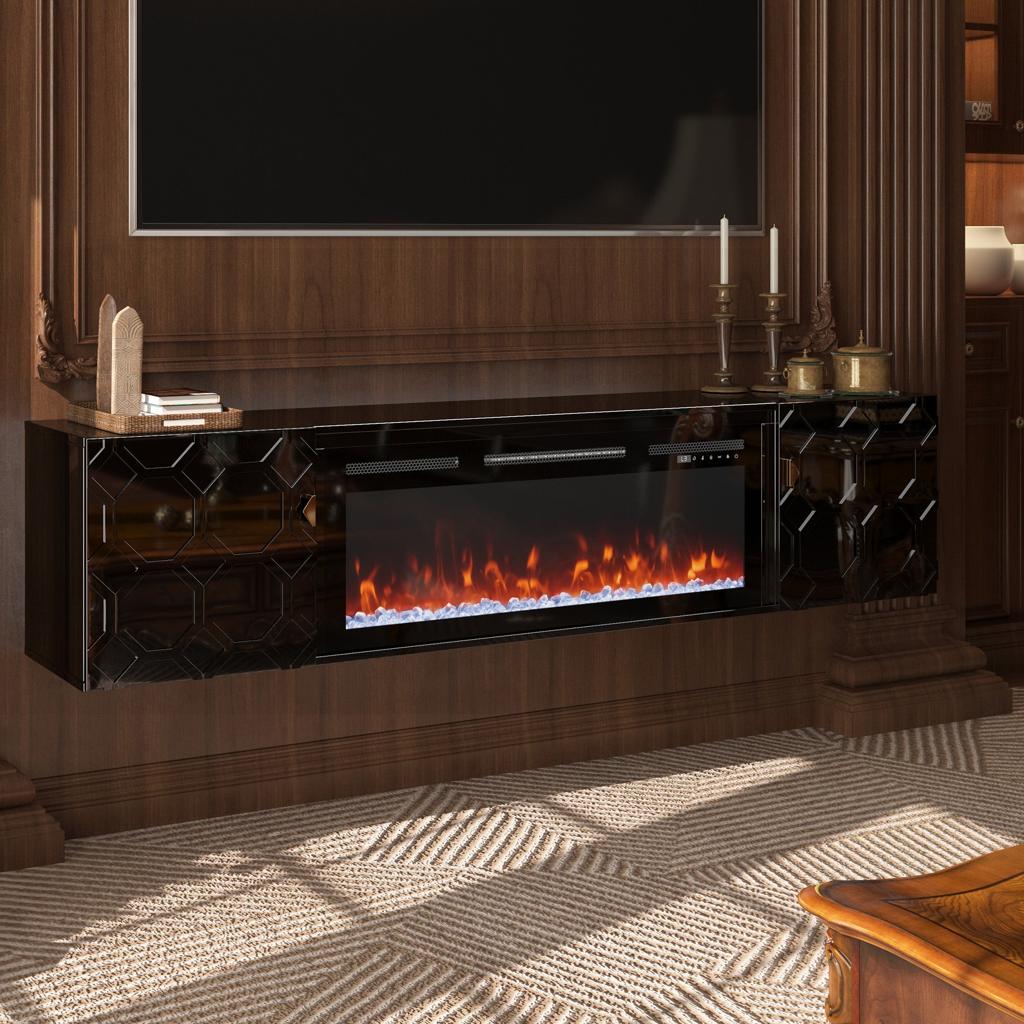 67.32-in W White Fan-forced Electric Fireplace , 5 levels of brightness adjustment, 14 charcoal bed effects