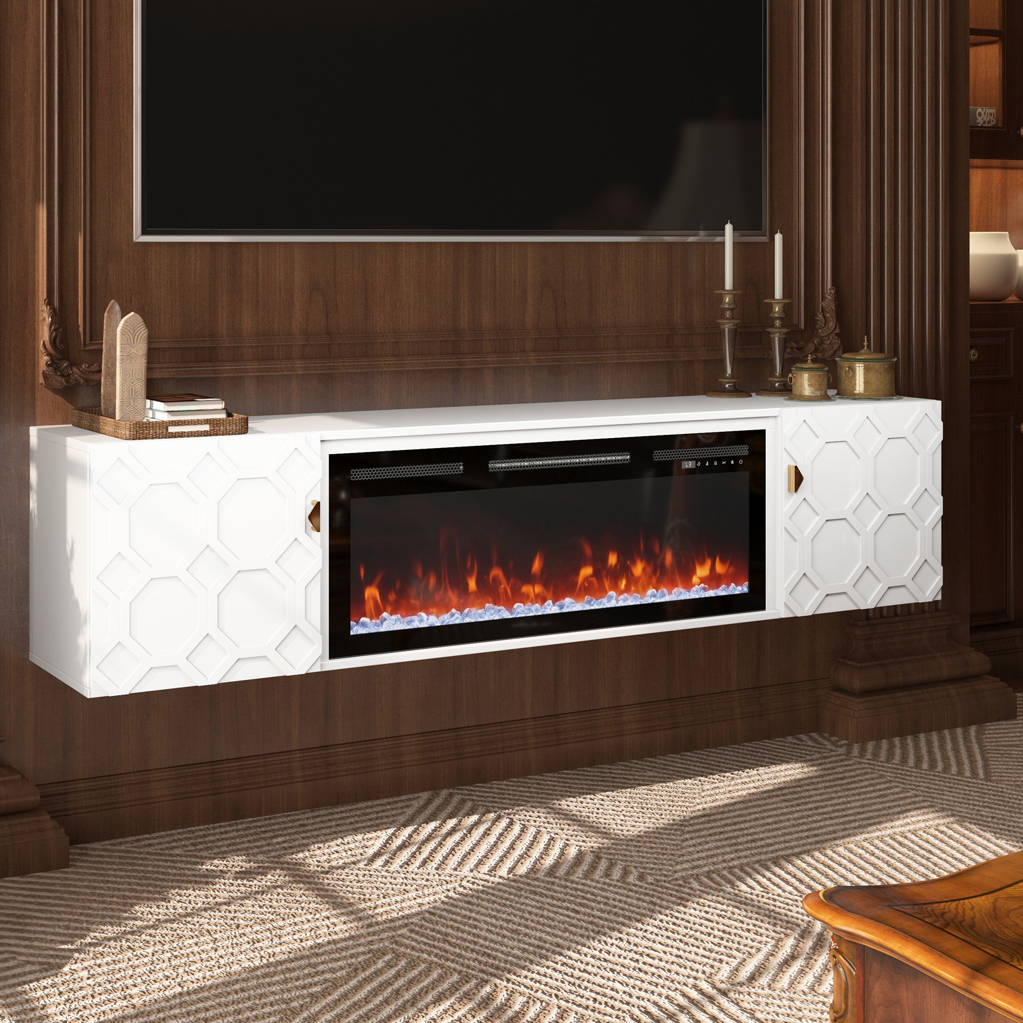 67.32-in W White Fan-forced Electric Fireplace , 5 levels of brightness adjustment, 14 charcoal bed effects