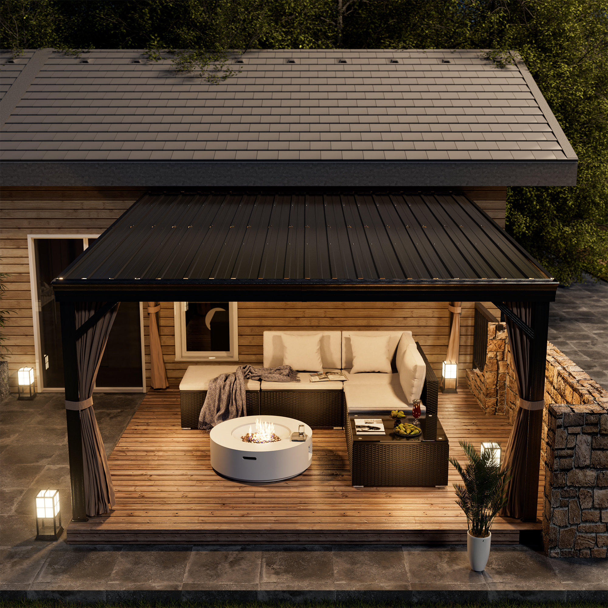 Outdoor Wall-Mounted Hardtop Gazebo Aluminum Frame Galvanized Steel Roof Sunroom with Curtains and Netting