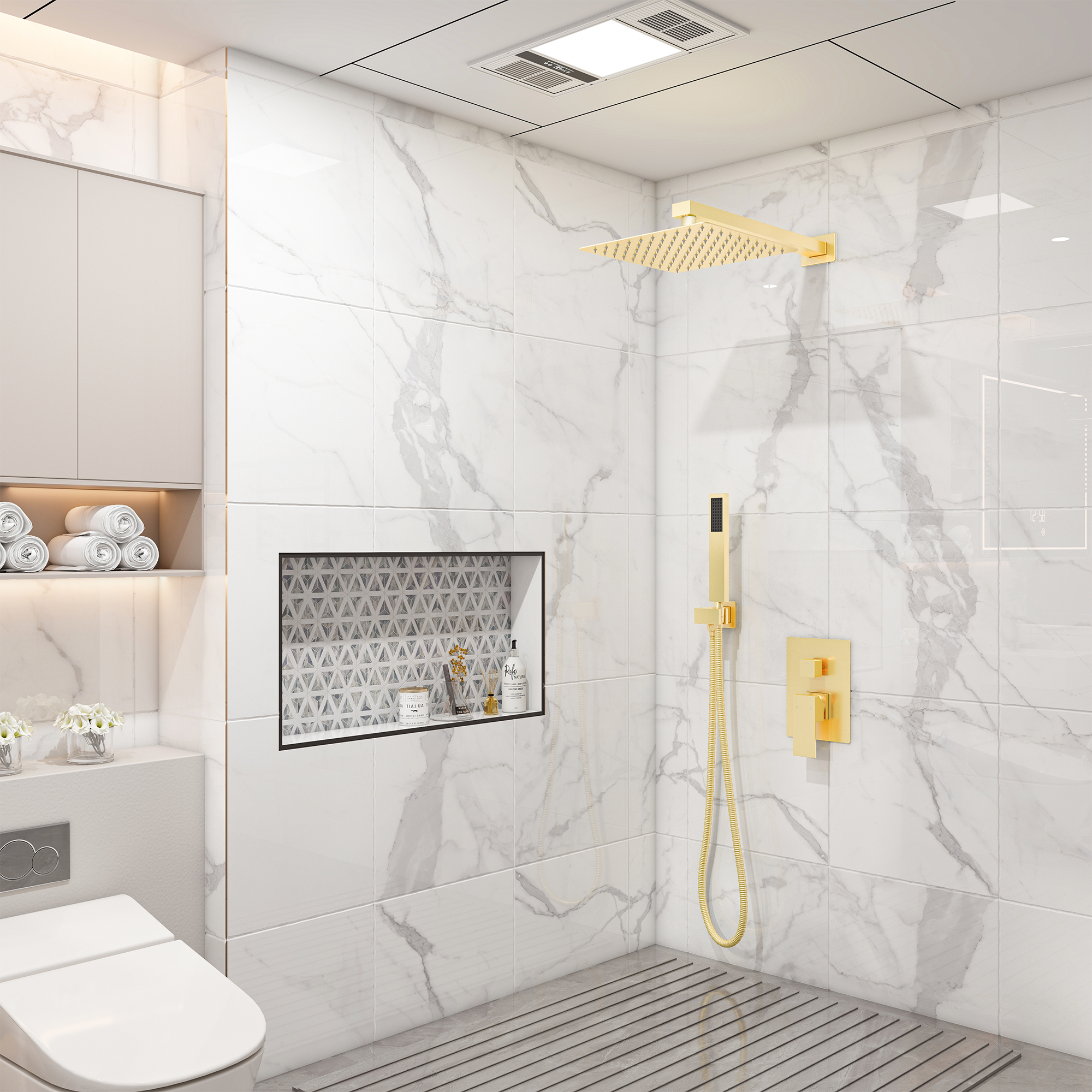 10 in. Wall Mounted Single Handle 1-Spray Dual Shower Faucet 2.5 GPM with Pressure Balance in Chrome/Brushed Nickel/Brushed Gold