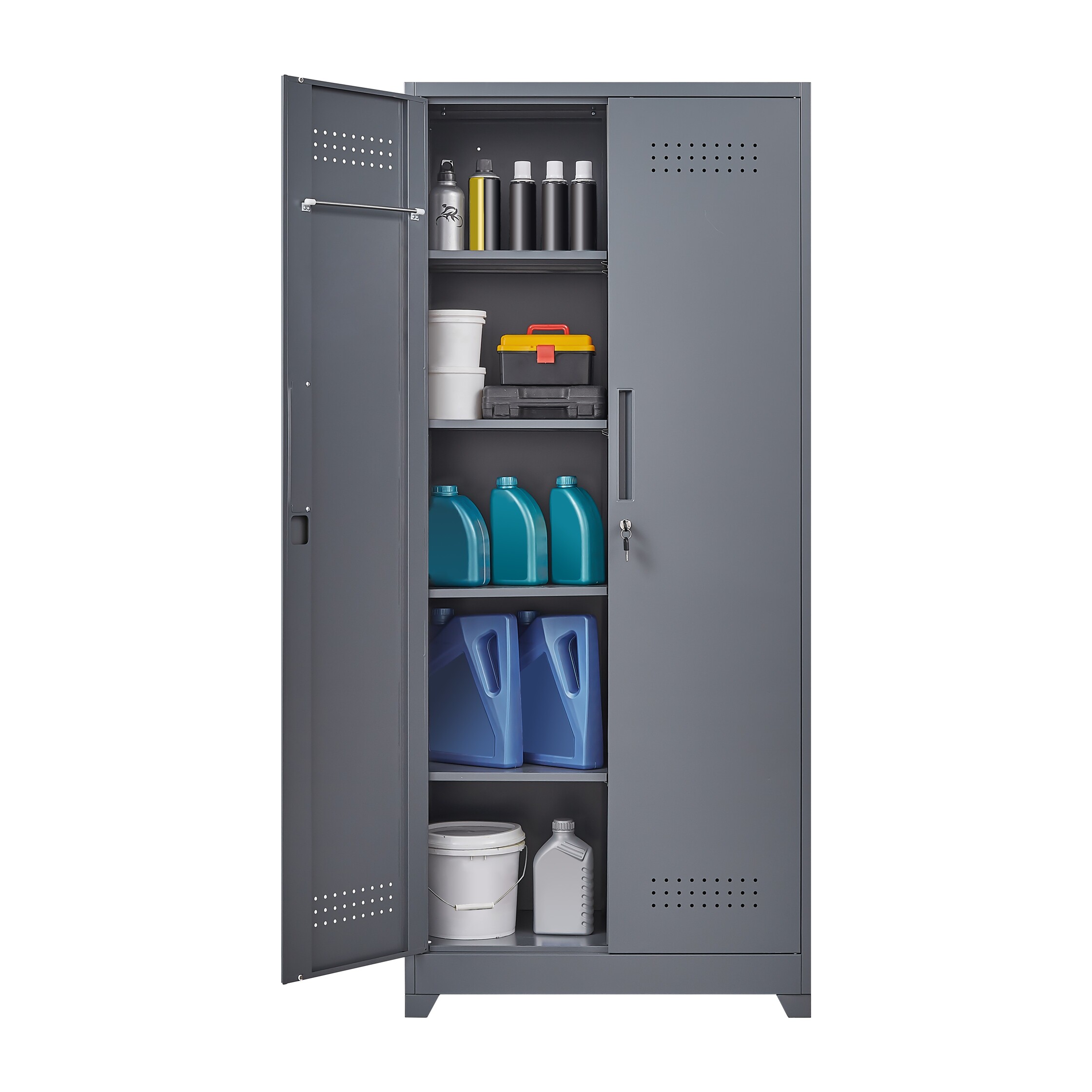 Metal Storage Cabinets, Cleaning Tool Cabinet with Locking Door, Tall Broom Tool Organizer and Storage, Large Storage Cabinet for Kitchen, Pantry, Office, Shop 