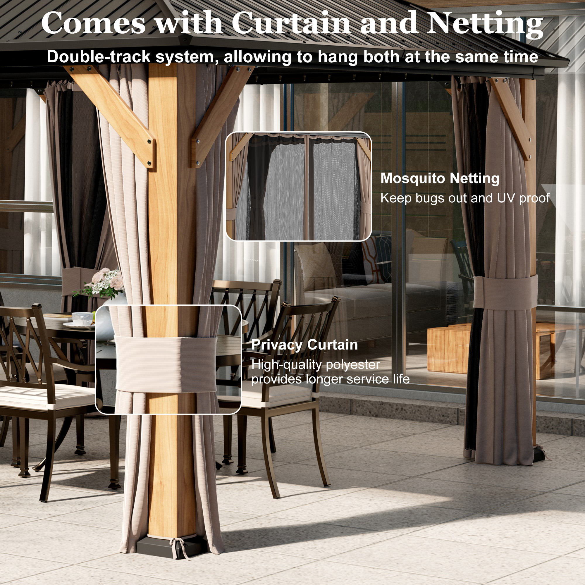 Outdoor Cedar Wood Frame Canopy with Galvanized Steel Double Roof, Outdoor Permanent Metal Pavilion with Curtains and Netting for Patio, Backyard and Lawn