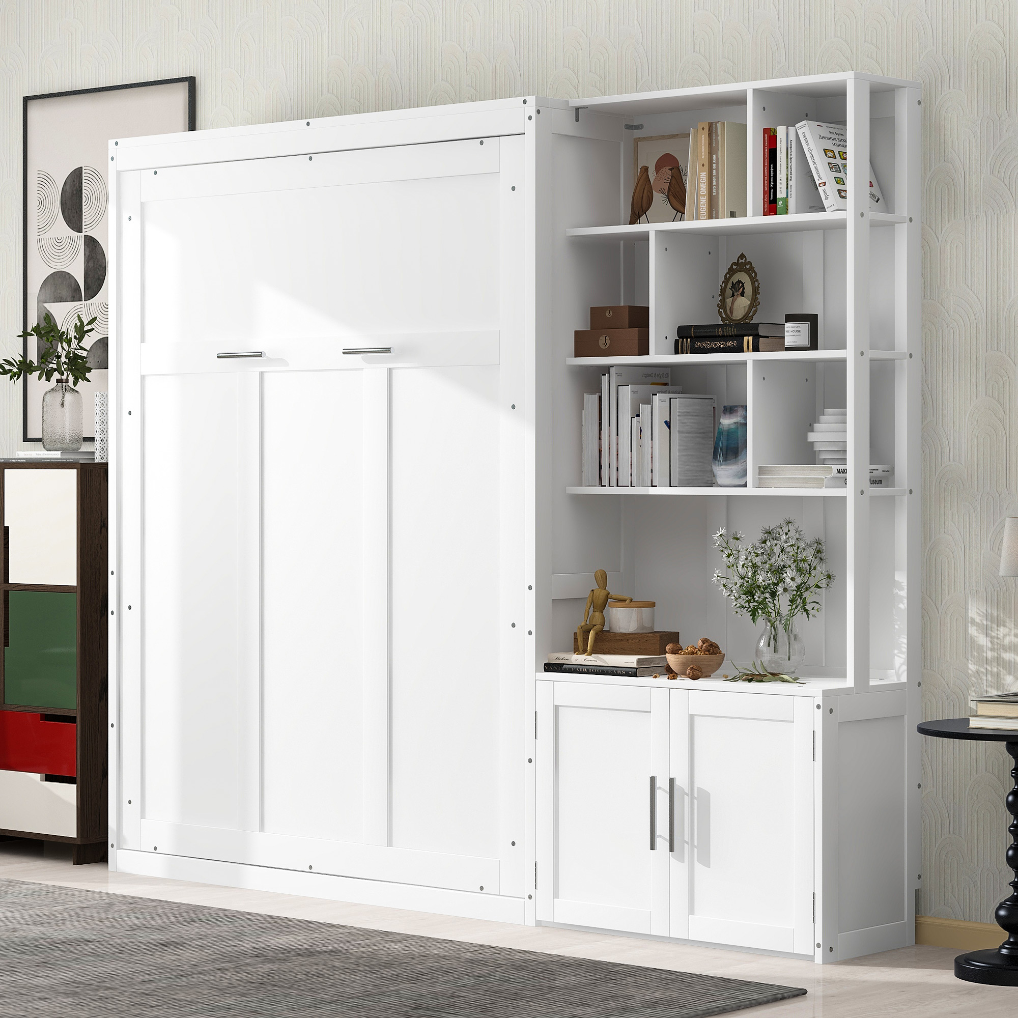 Full Size Murphy Bed with Multiple Storage Shelves and A Cabinet, White 