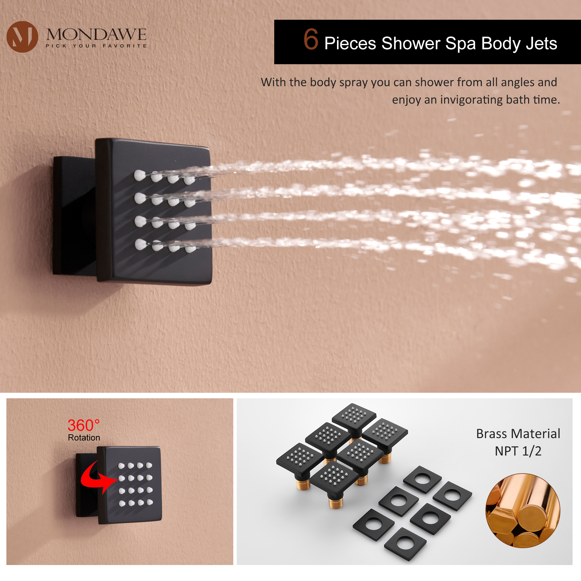 Mondawe Wall Mount Pressure Balanced Rain Shower Head System with Body Sprayers Handheld Shower and Digital Display-Mondawe