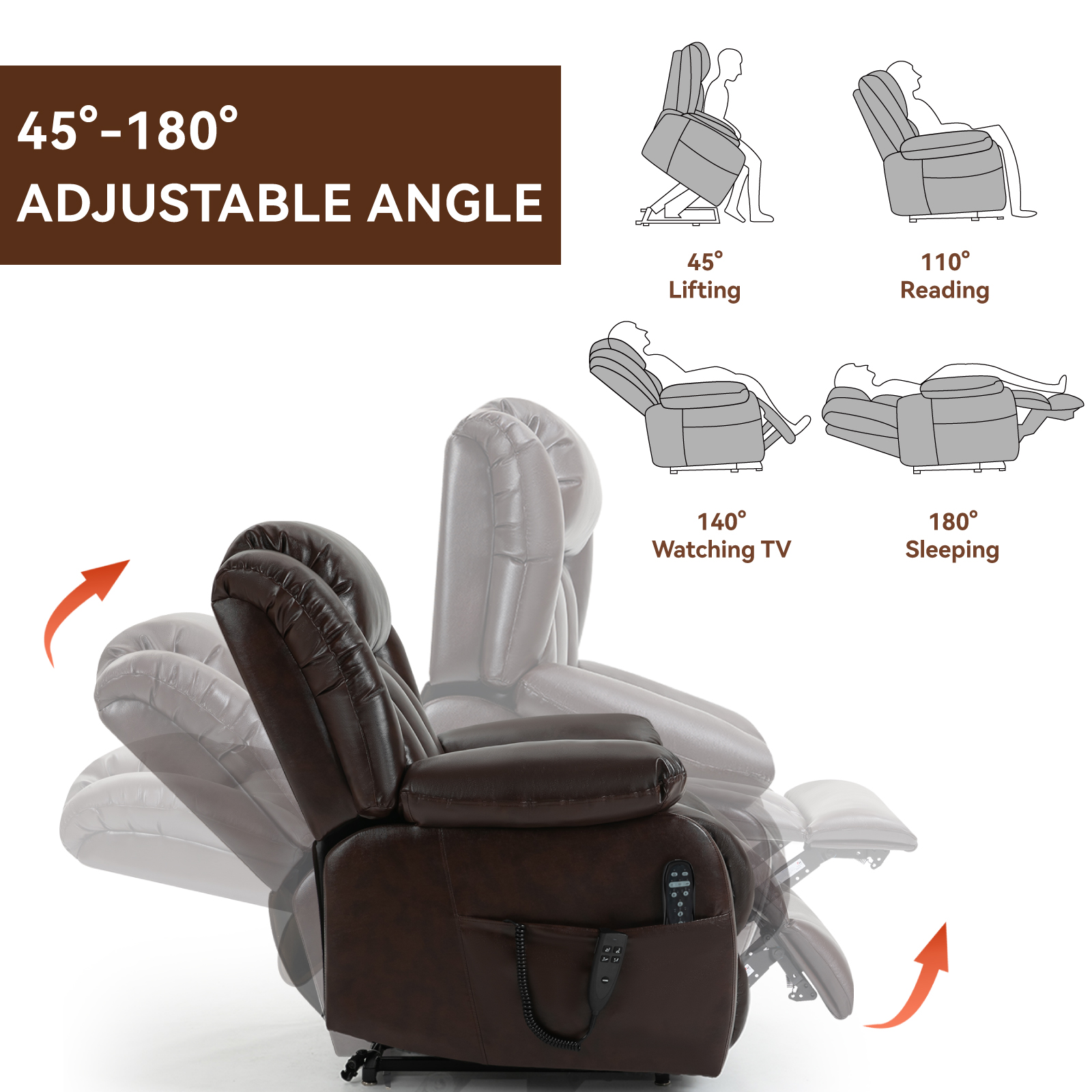Dual Motor Infinite Position Up to 350 LBS Electric Medium size Brown/Gray/Black/Antique Brown Power Lift Recliner Chair with 8-Point Vibration Massage and Lumbar Heating