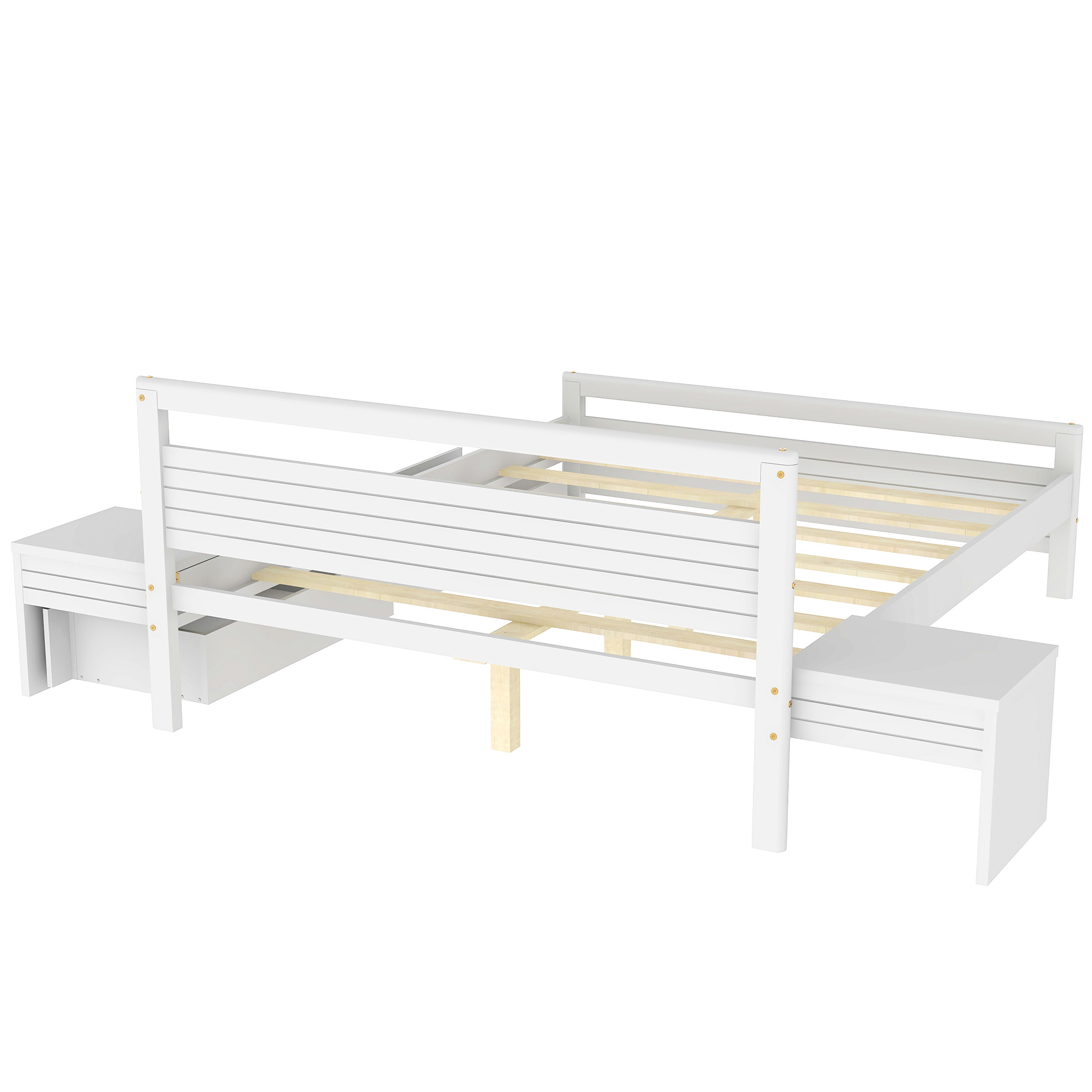 Queen Size Wooden Platform Bed with 2 Storage Drawers and 2 bedside tables, Gray/White 