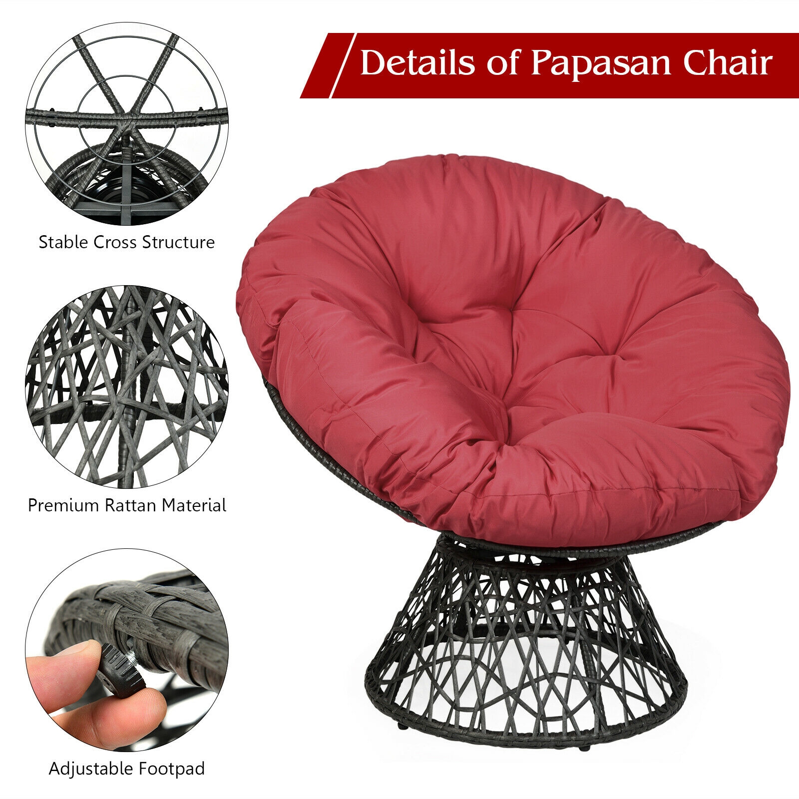 Mondawe Rattan Papasan Chair Ergonomic 360-degree Swivel Soft Cushion Garden-Mondawe