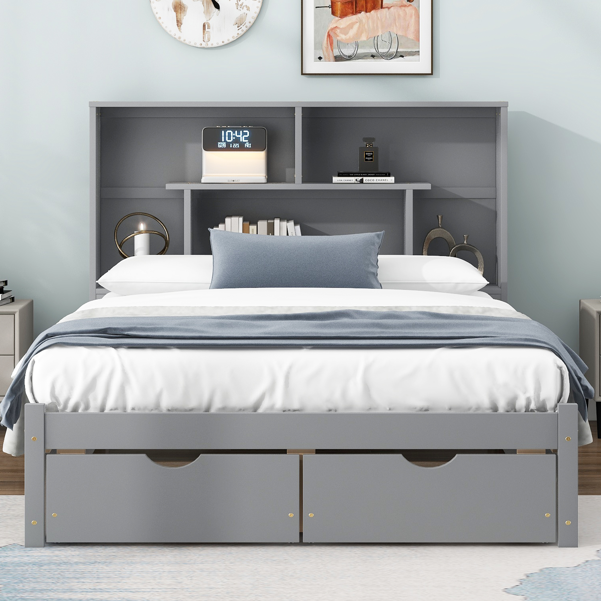 Full/Queen Size Platform Bed with Storage Headboard and 2 Drawers, Gray/White