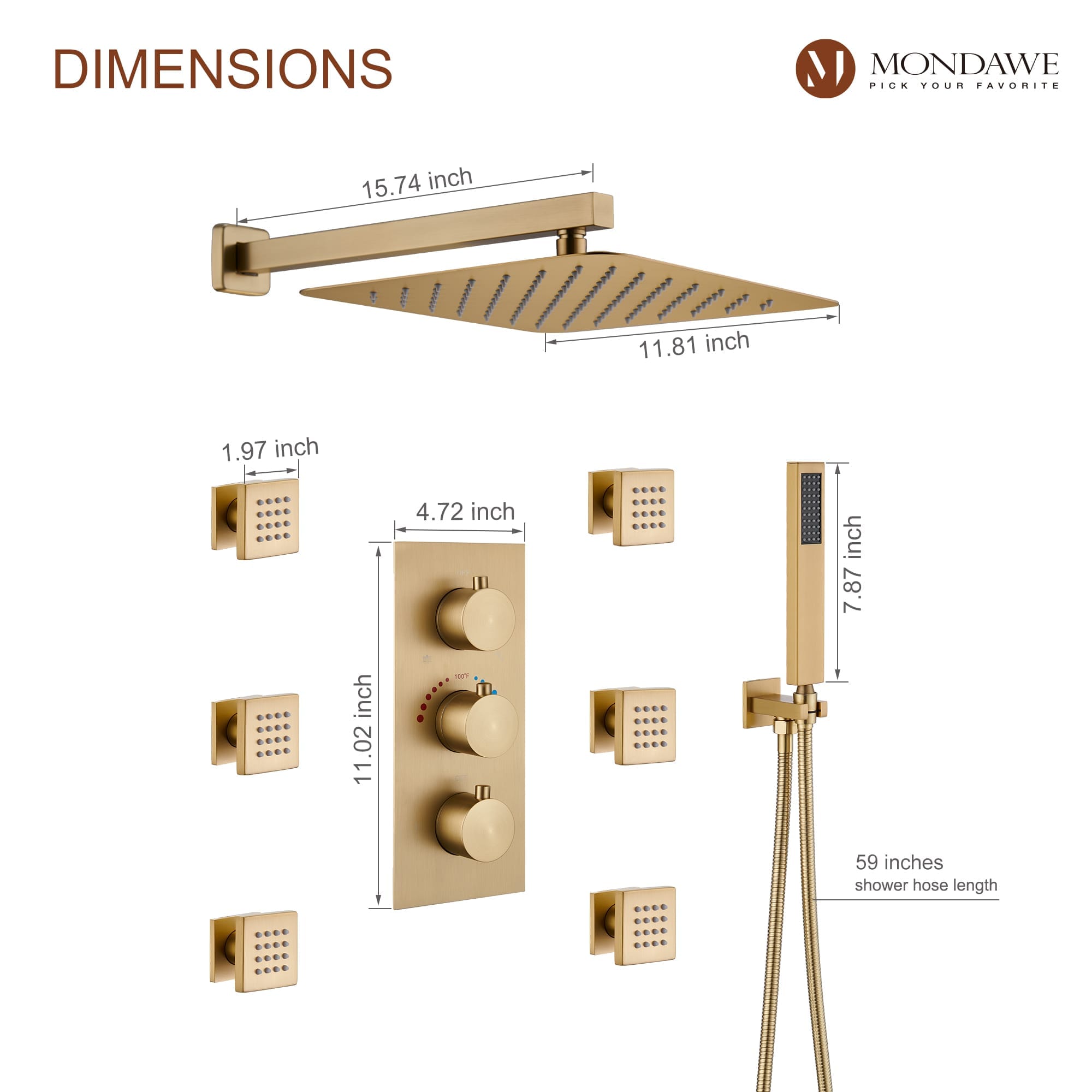 Mondawe Wall Mount Thermostatic Rain Head Shower System with Handheld Shower and Wall Body Jets-Mondawe