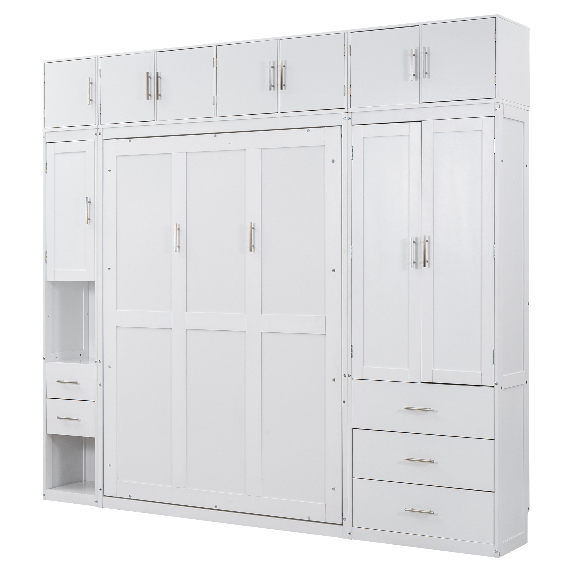Full/Twin Size Murphy Bed with Lockers and Wardrobes, With installation video, White 