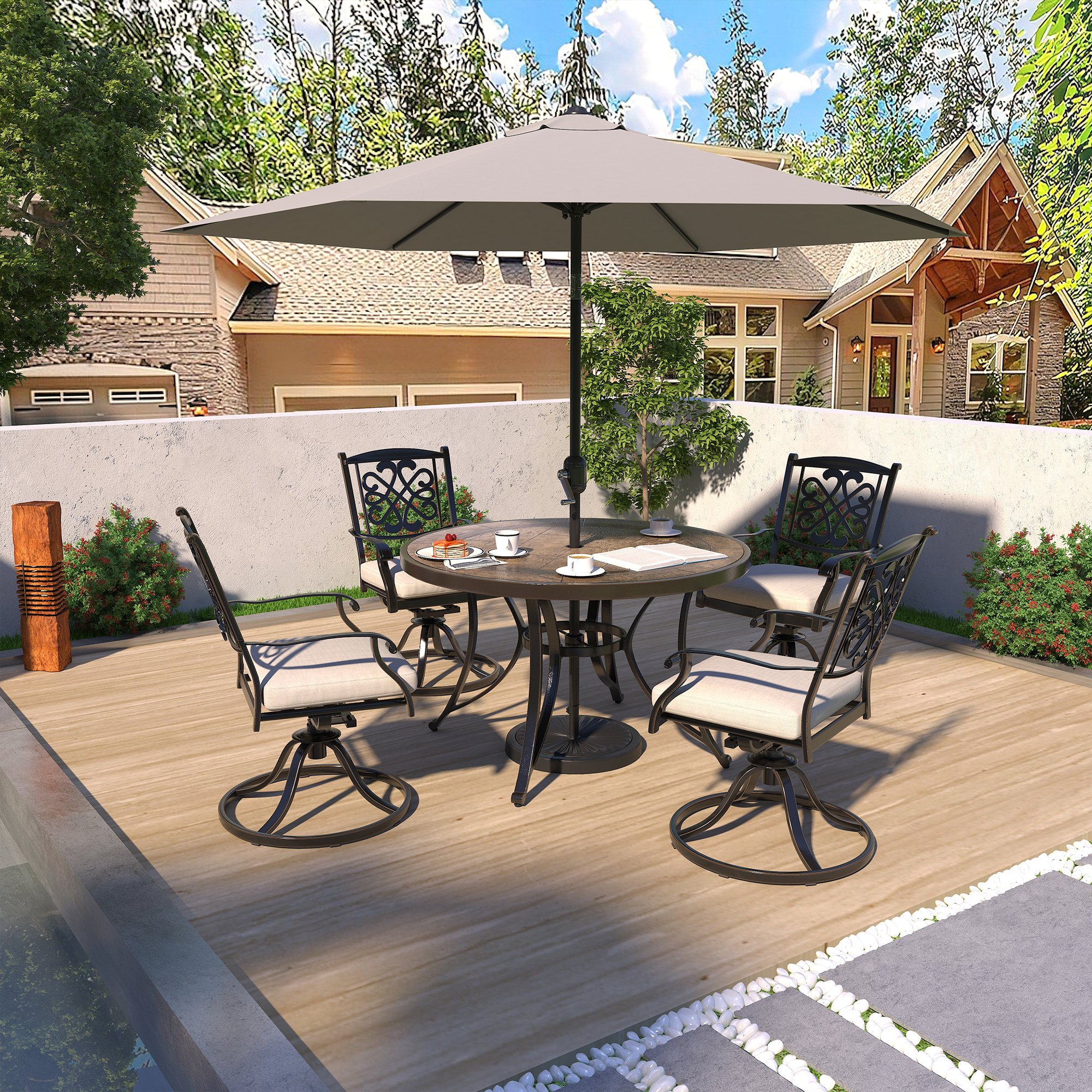 Dark Gold Round Aluminum 28 in. H Faux Wood Top Outdoor Patio Dining Table with Umbrella Hole-Boyelliving