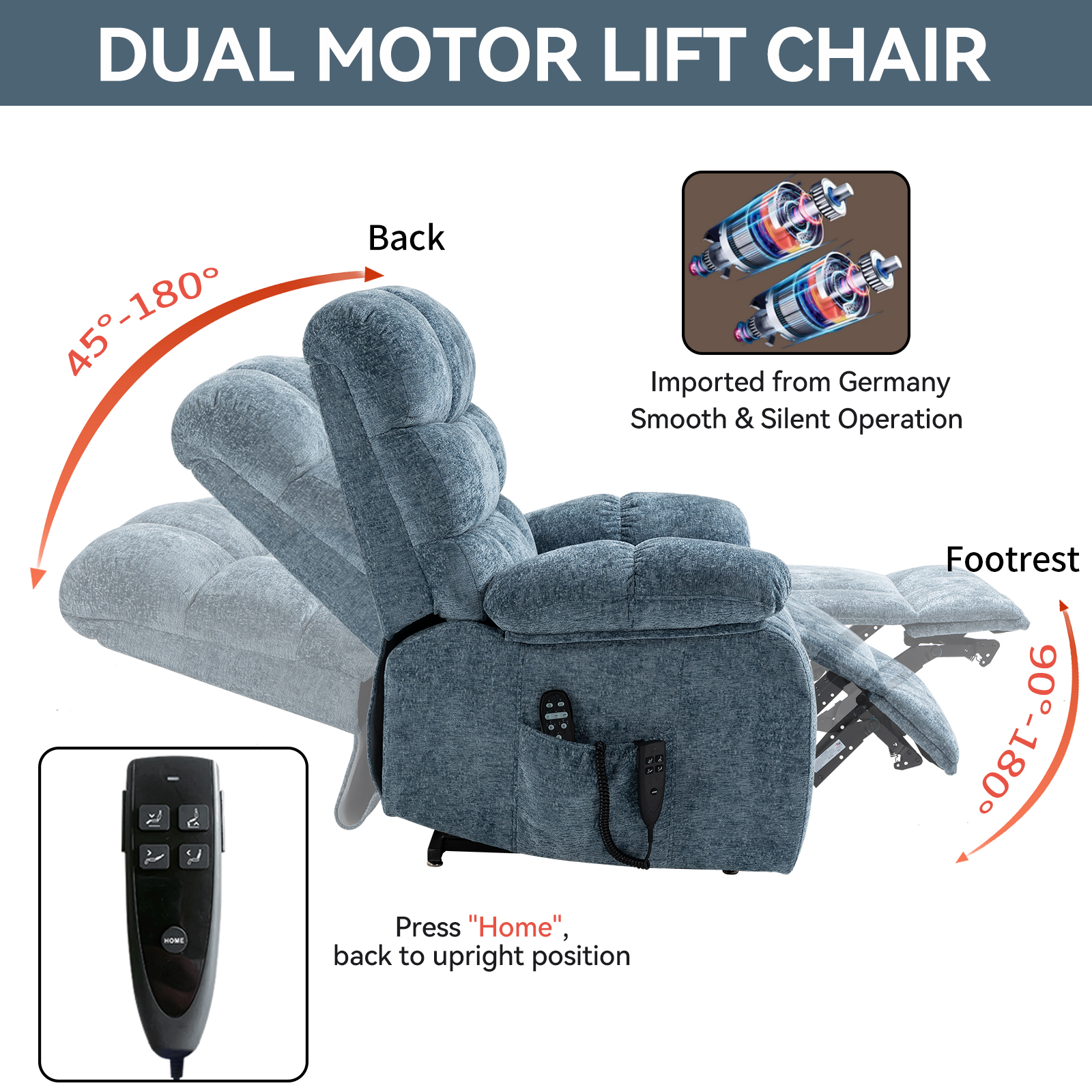 Lift Recliner Chair Heat Massage Dual Motor Infinite Position Up to 350 LBS Large Electric Power Lift Recliners with Power-Remote, Medium-firm and Heavy duty, Blue/Grey