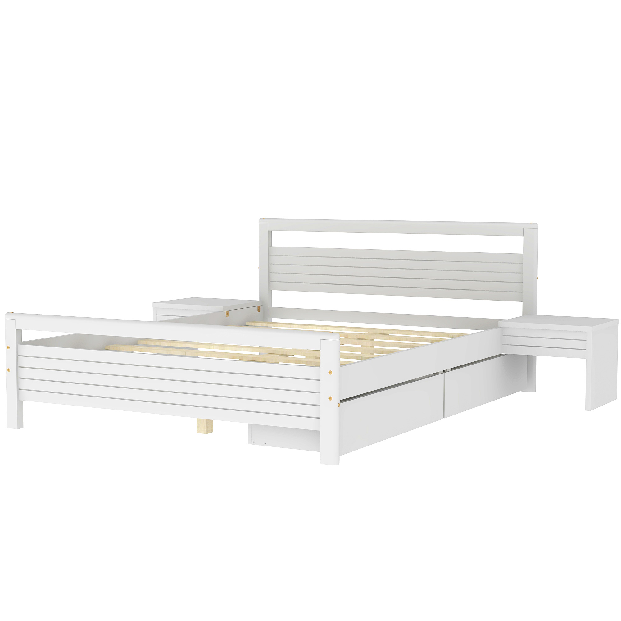 Queen Size Wooden Platform Bed with 2 Storage Drawers and 2 bedside tables, Gray/White 