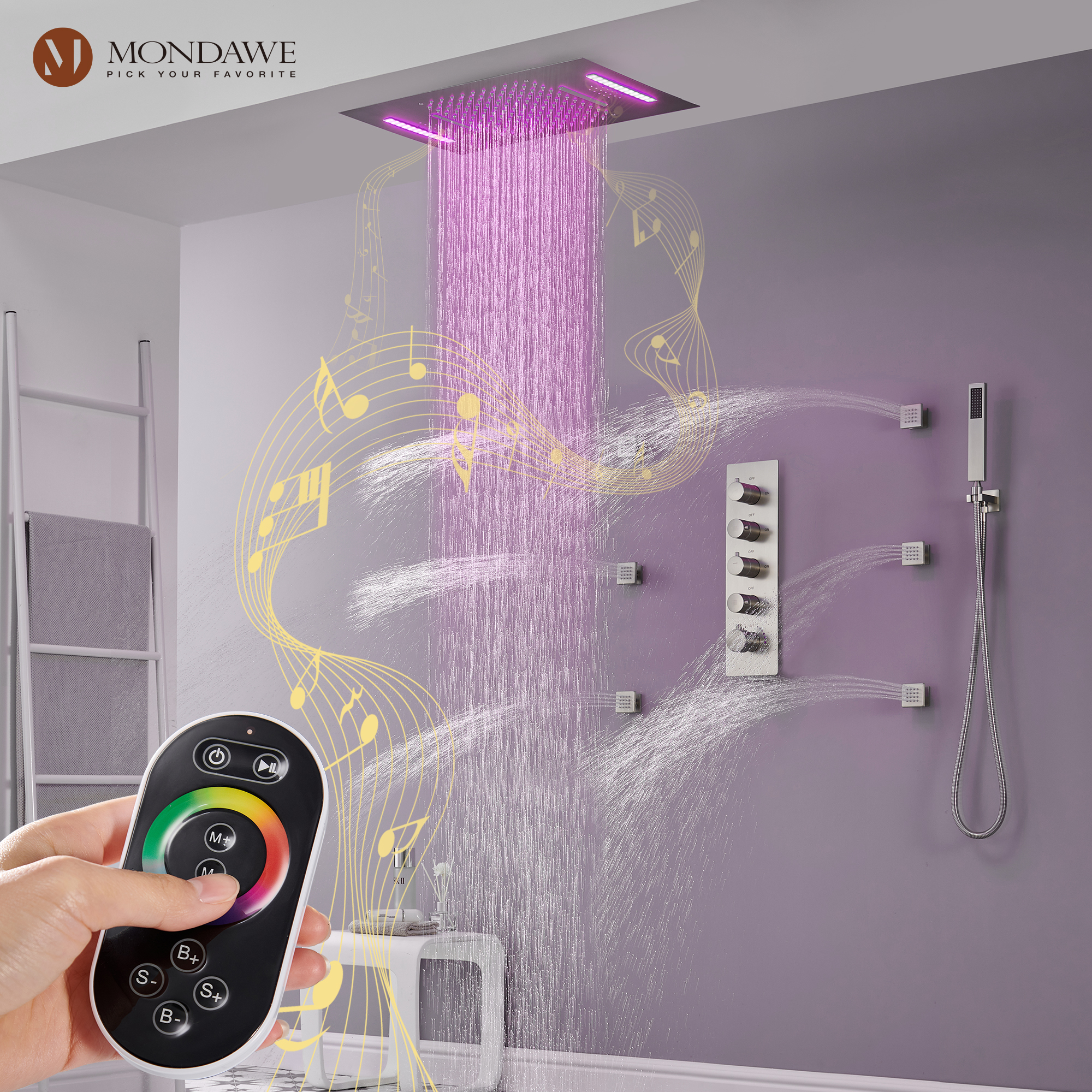 Mondawe Luxury 4-Way Thermostatic Shower System with LED and Music Player-Mondawe