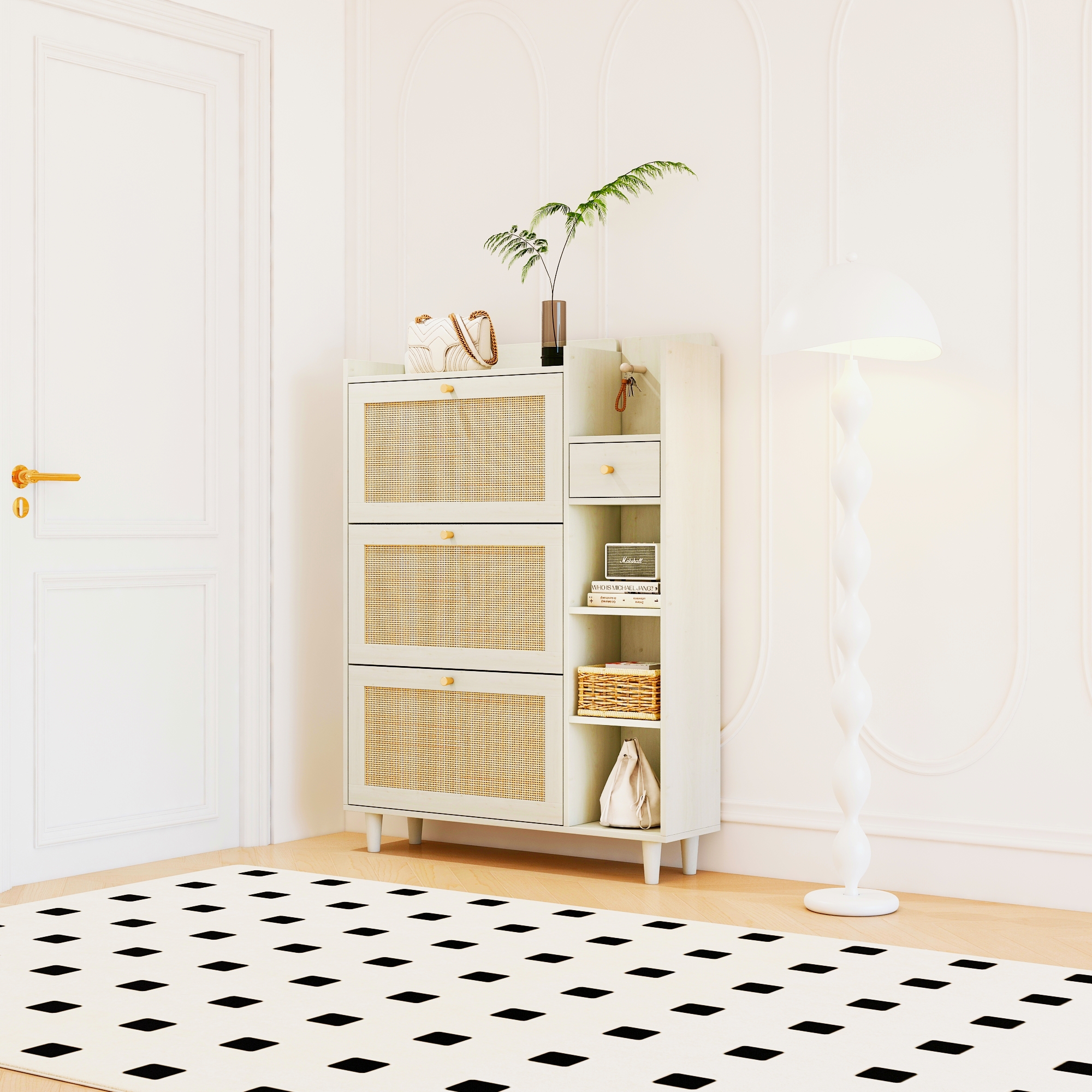 Bohemia Style Shoe Cabinet, Shoe Rack Cabinet with 3 Rattan Flip Drawers,3 Square Shelves and 1 Storage Drawer, Shoe Organizer with Mulit Storage Space and Hooks for Hallway, Entryway, (Natural/Antique white) 