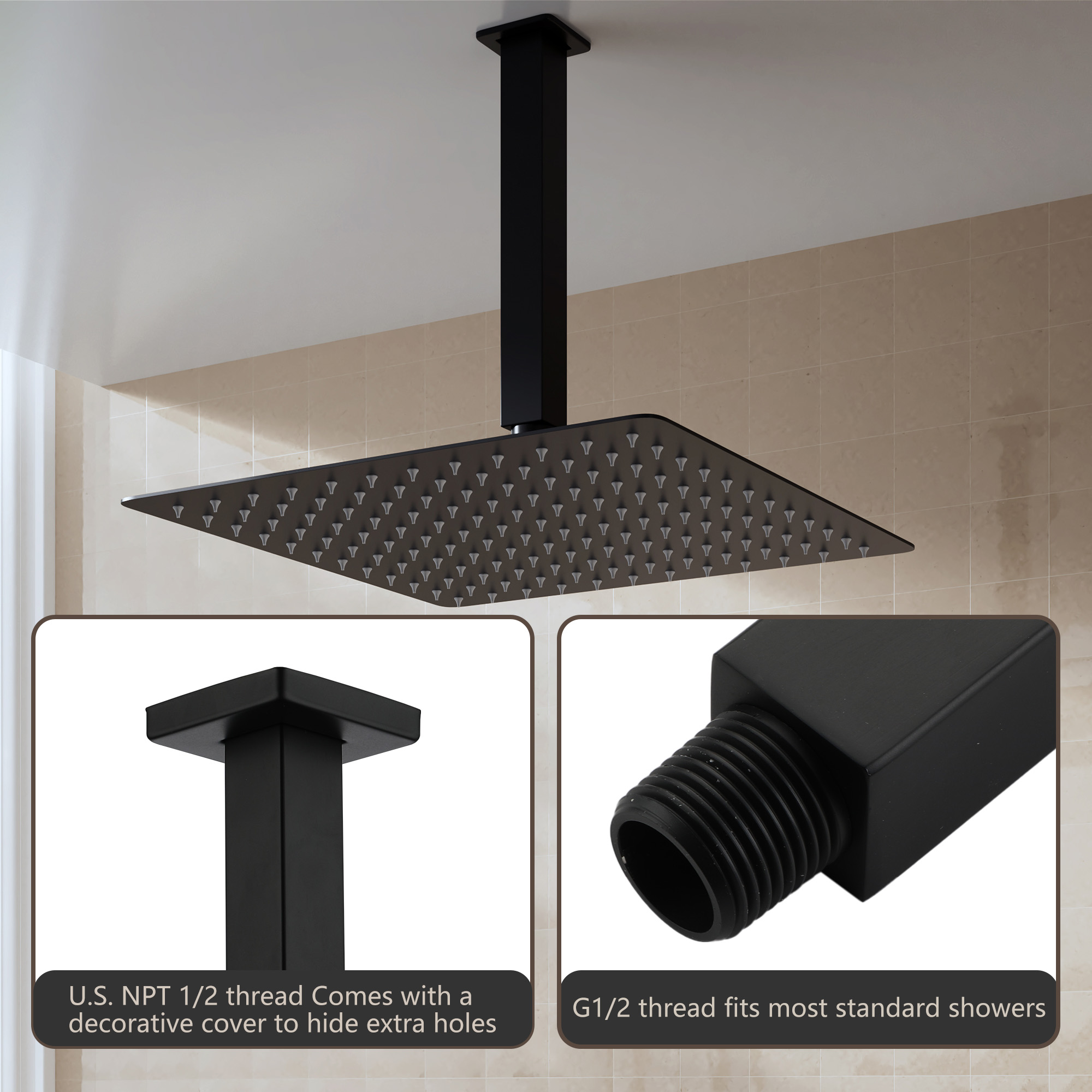 7.88" Stainless Steel Celling Mounted Round/Square Shower Arm with Flange for Rain Shower Head in Matte Black/ Brushed Nickel