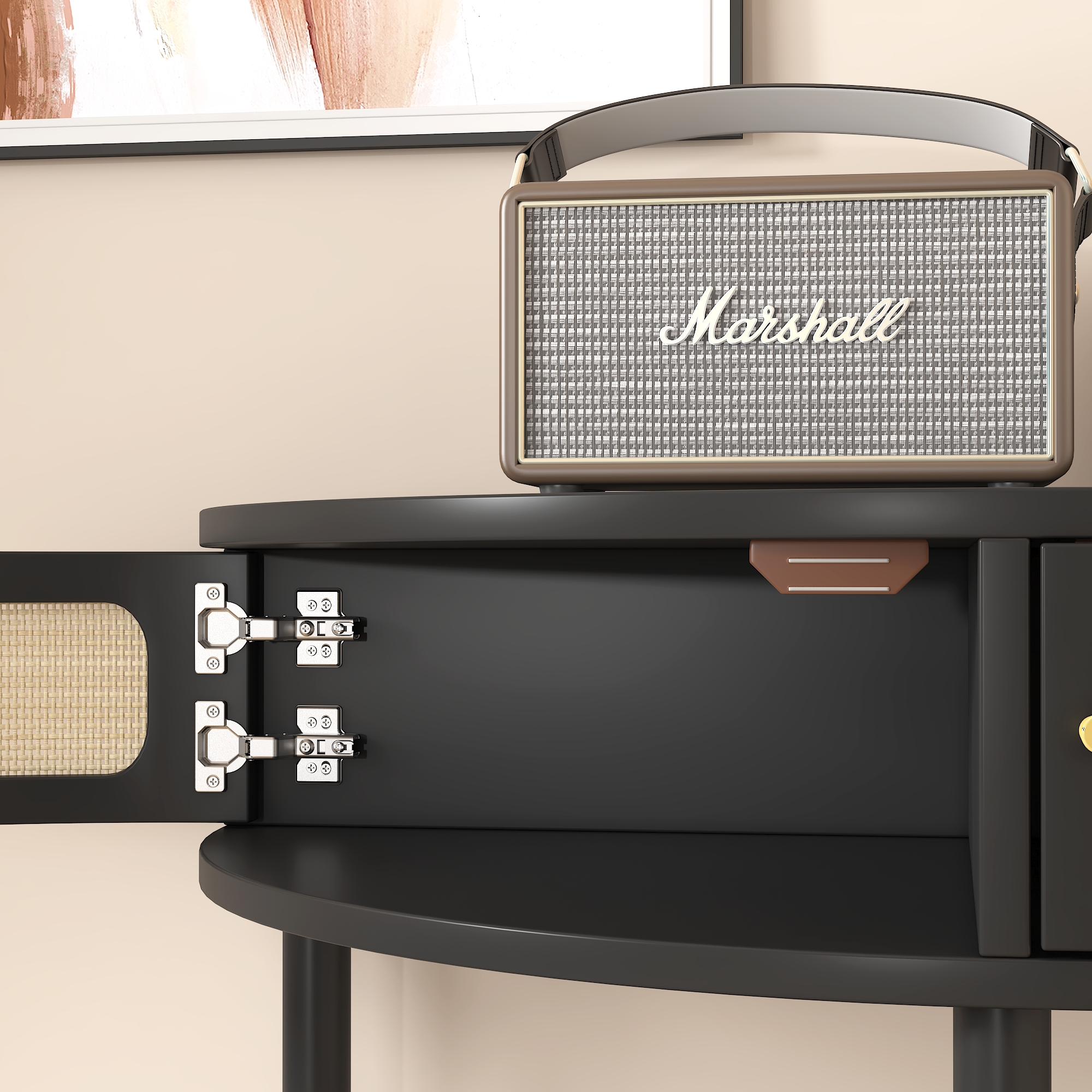 Unique Half Moon Design End Table with Sliding Rattan Door,Elegant Semi-circle Entryway Console Table with 2 Rattan Storage Cabinet and Bottom Shelf for Living room, Bedroom, Study, Hallway 