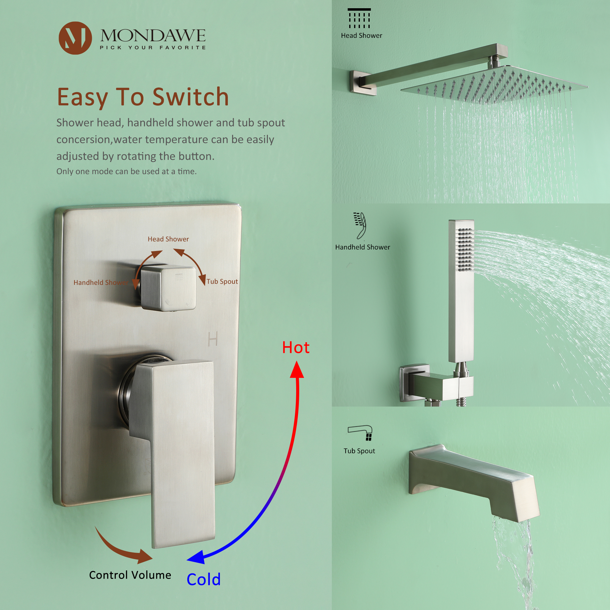 Mondawe Three function Pressure Balance Shower Set with 10 in Shower Head(5 color, Valve Included)-Mondawe