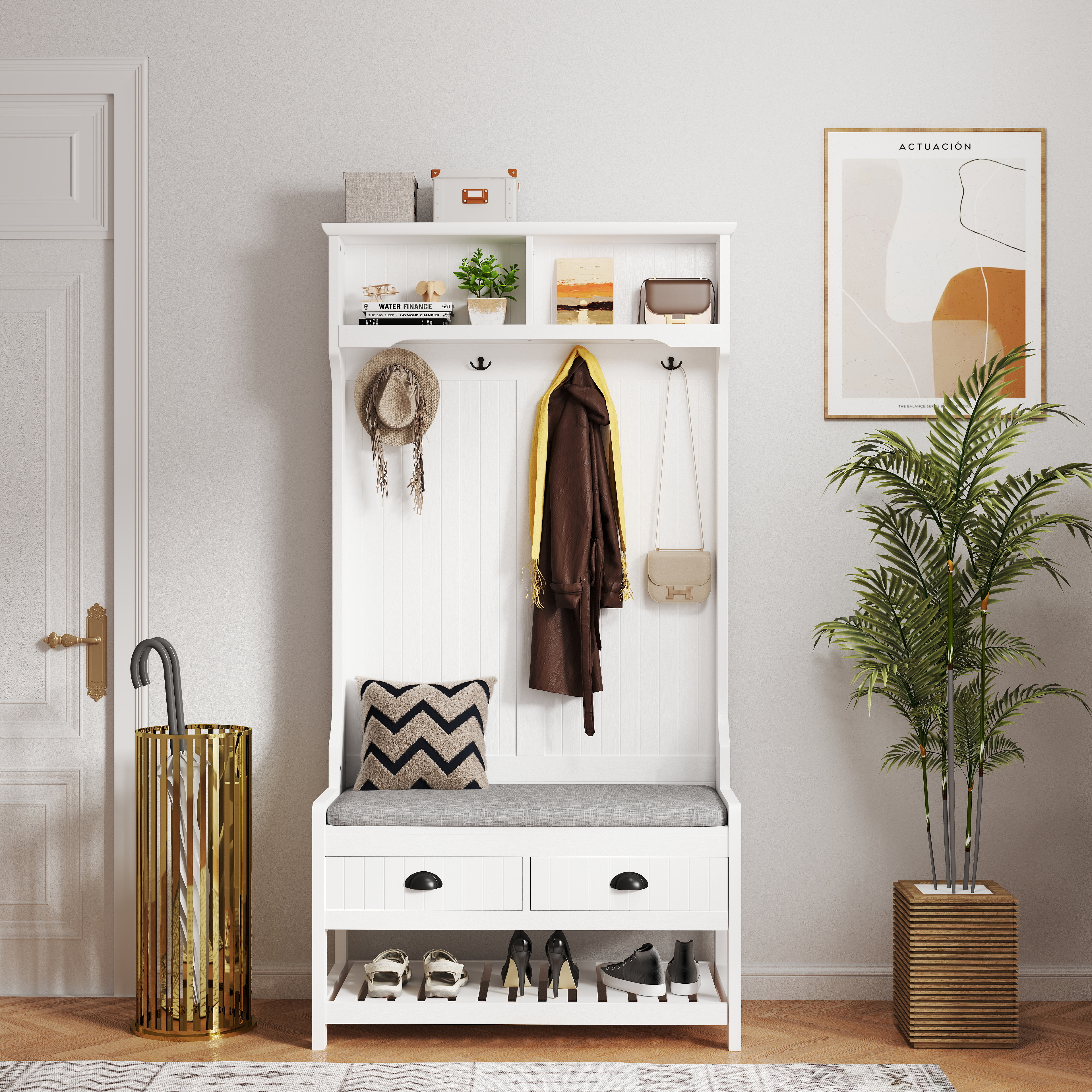 3-in-1 Hallway Hall Tree with 2 Storage Drawer and 4 Coat Rack, Wooden Entryway Shoe Rack Bench with Padded Seat Cushion, Mudroom Bench with Top Storage Shelf 