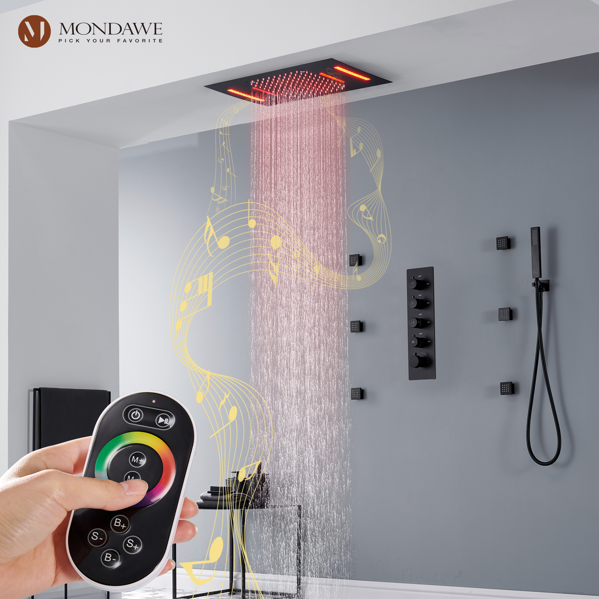 Mondawe Luxury 4-Way Thermostatic Shower System with LED and Music Player-Mondawe