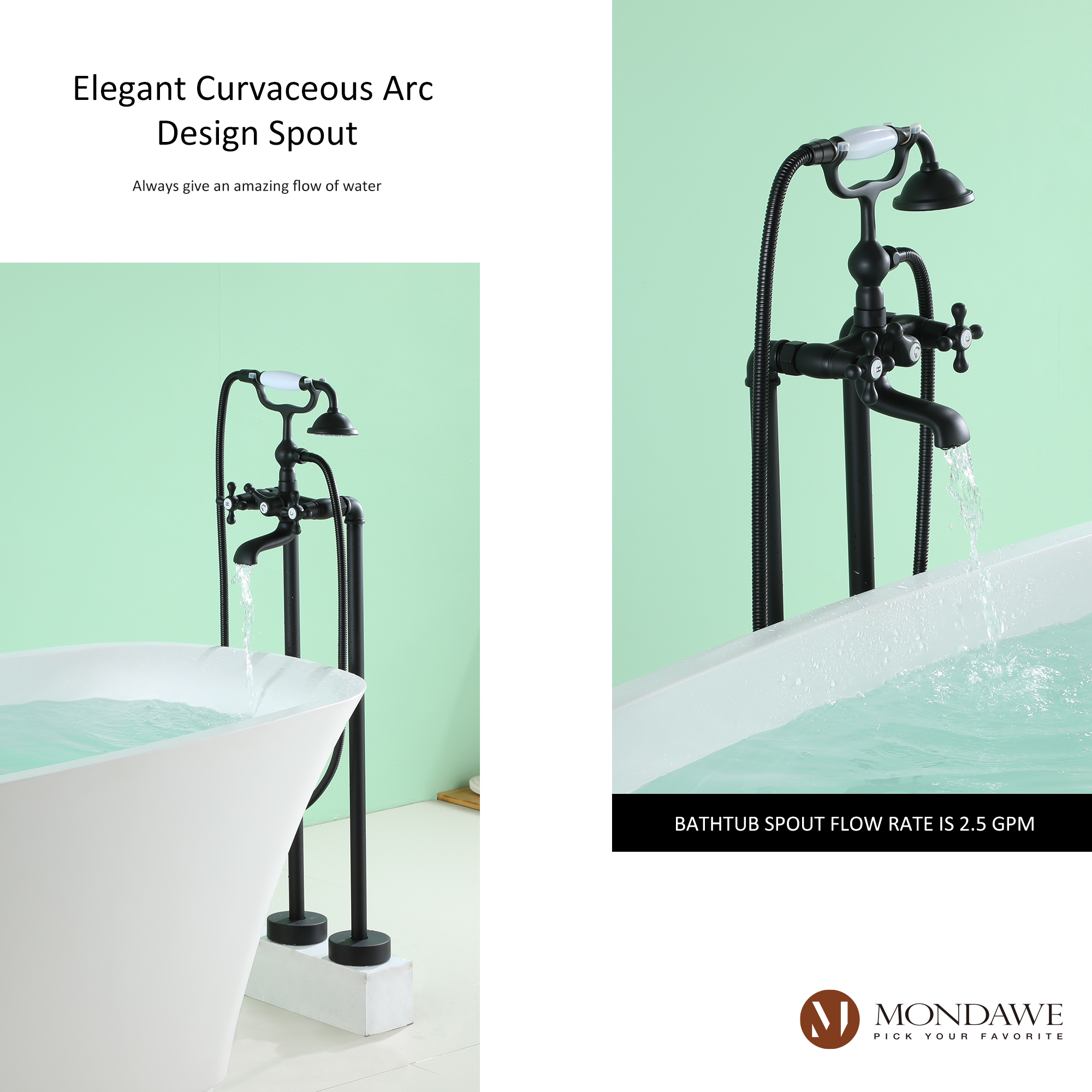 Mondawe 3-Handle Traditional Freestanding Bathtub Faucet(Matte Black)-Mondawe