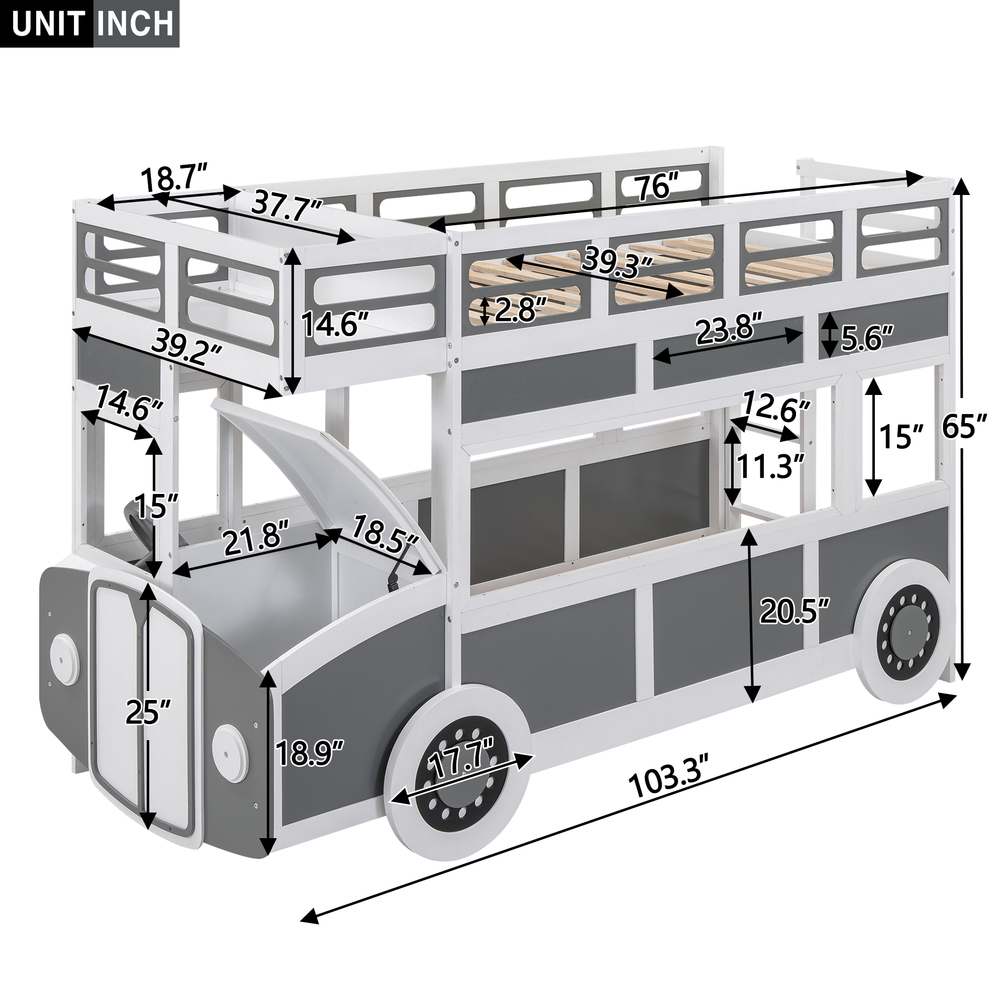 Twin over Twin Bus-shaped Bunk Bed with Wheels and Storage, Gray+White 