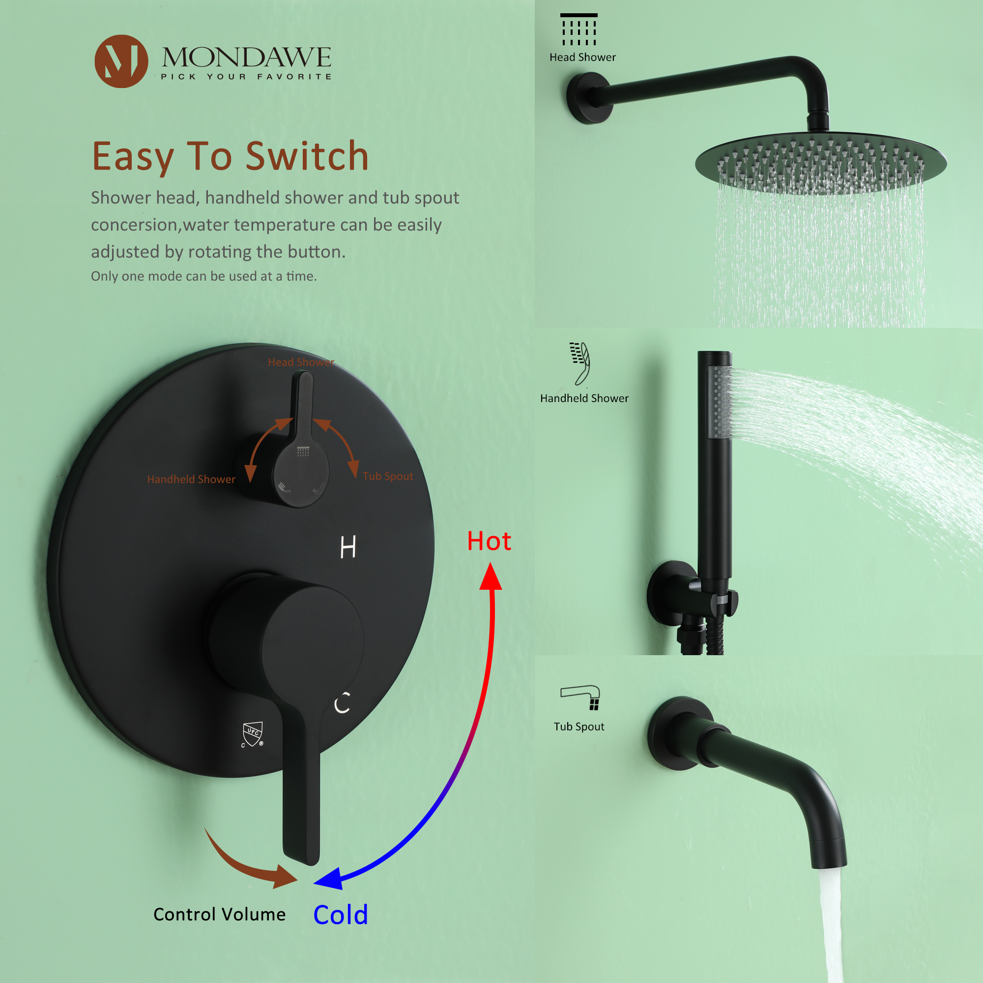 Mondawe Three function Pressure Balance Shower Set with 10 in Round Shower Head(5 color, Valve Included)-Mondawe