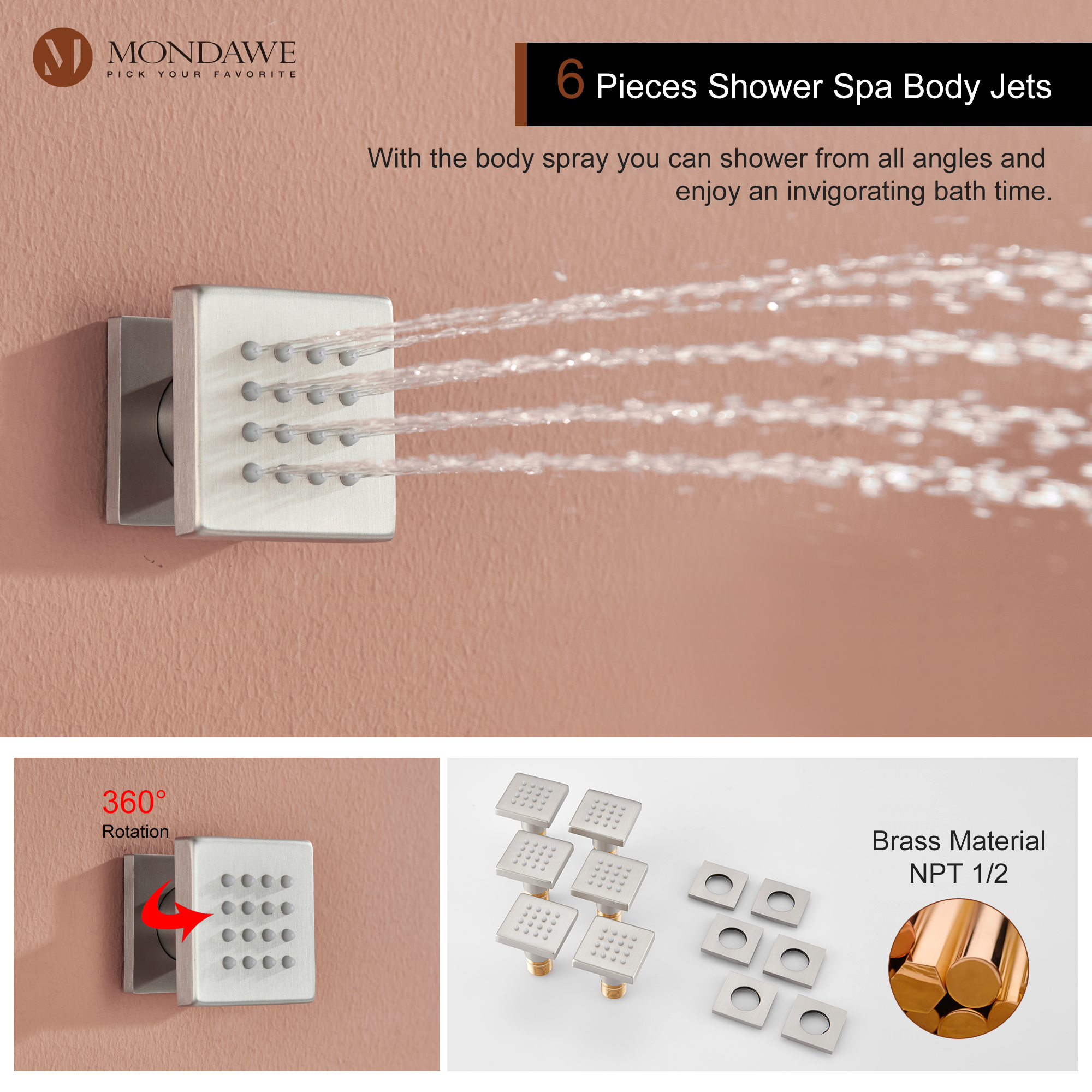 Mondawe Wall Mount Pressure Balanced Rain Shower Head System with Body Sprayers Handheld Shower and Digital Display-Mondawe