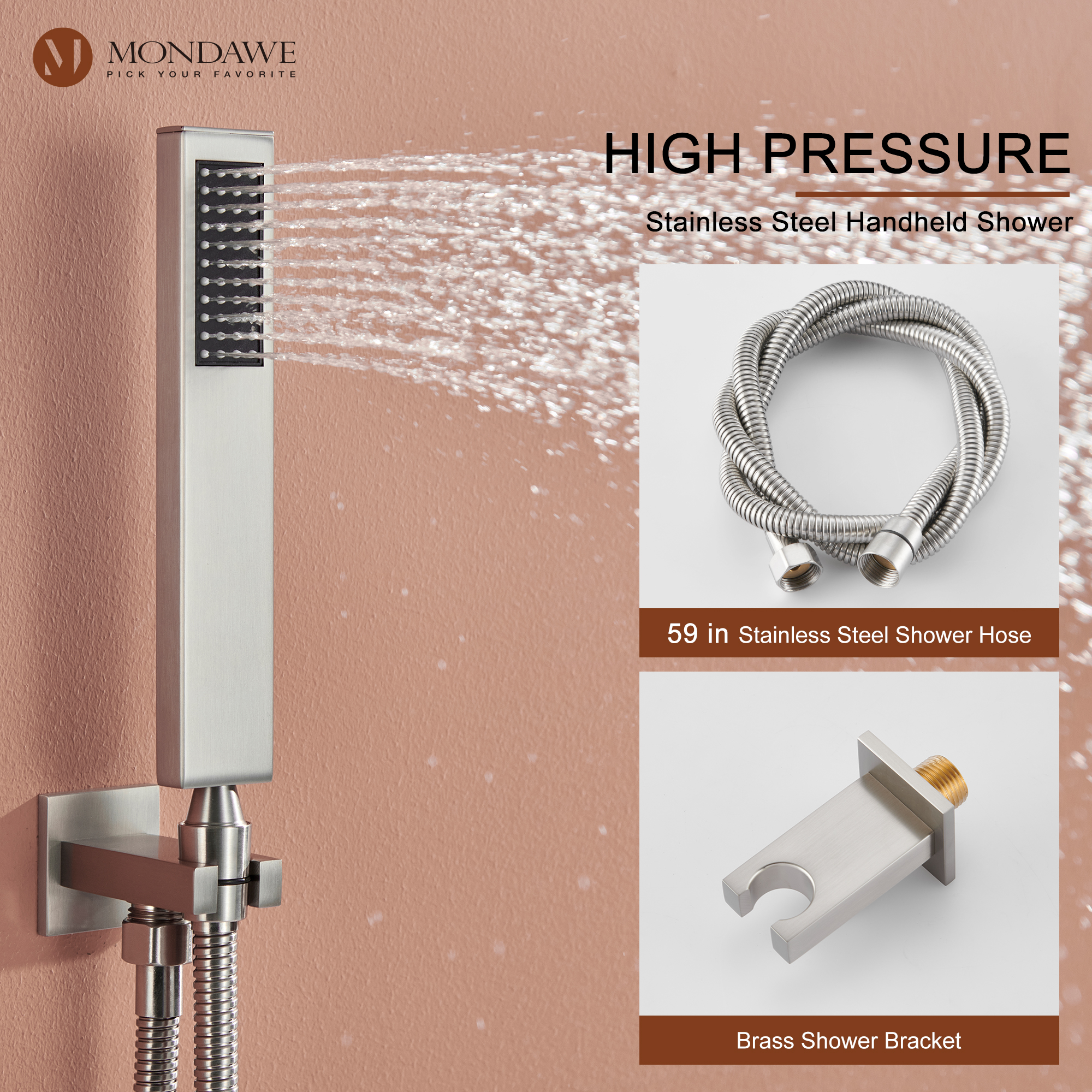 Mondawe Wall Mount Pressure Balanced Rain Shower Head System with Body Sprayers Handheld Shower and Digital Display-Mondawe