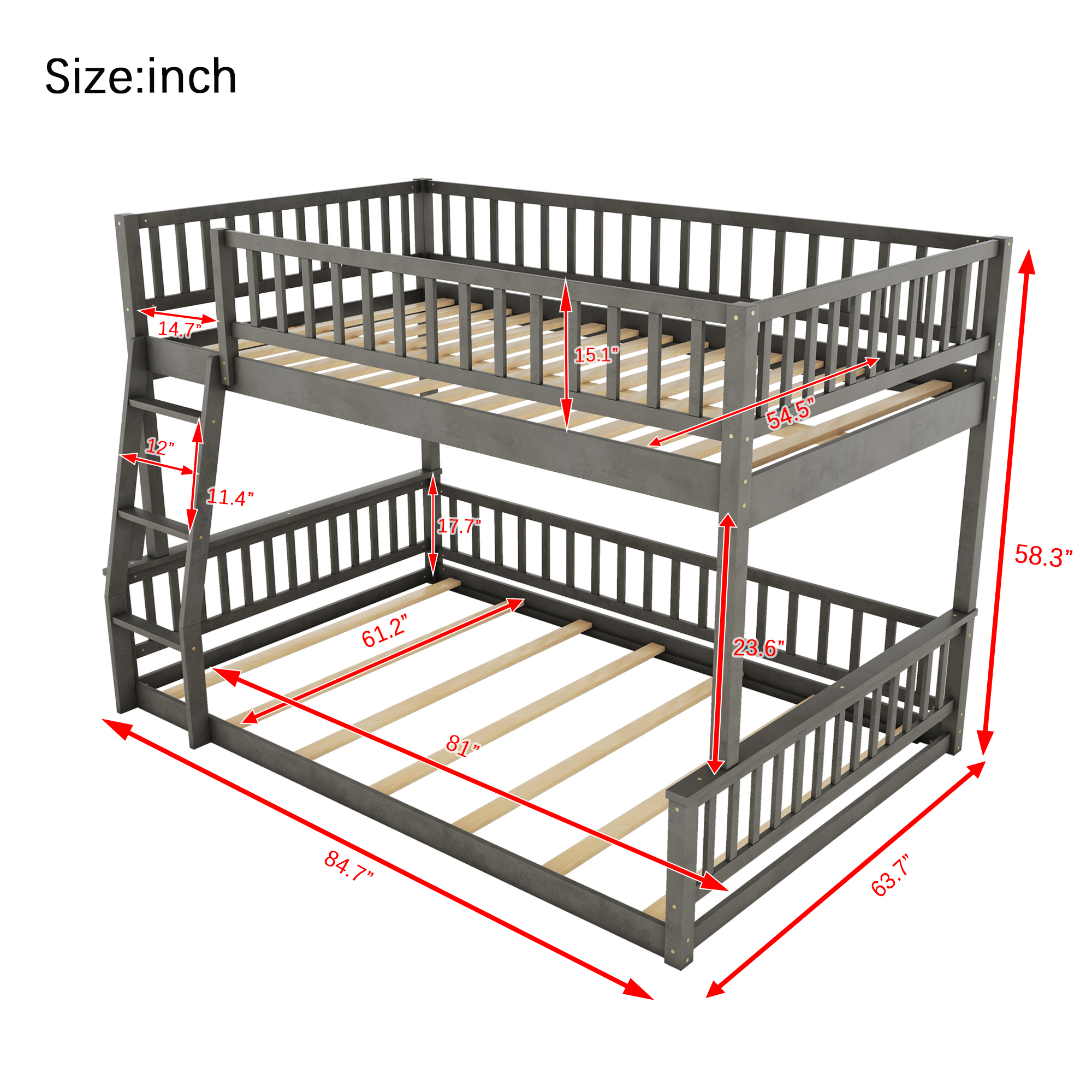 Full XL over Queen Bunk Bed with Ladder and Guardrails, Gray/Walnut