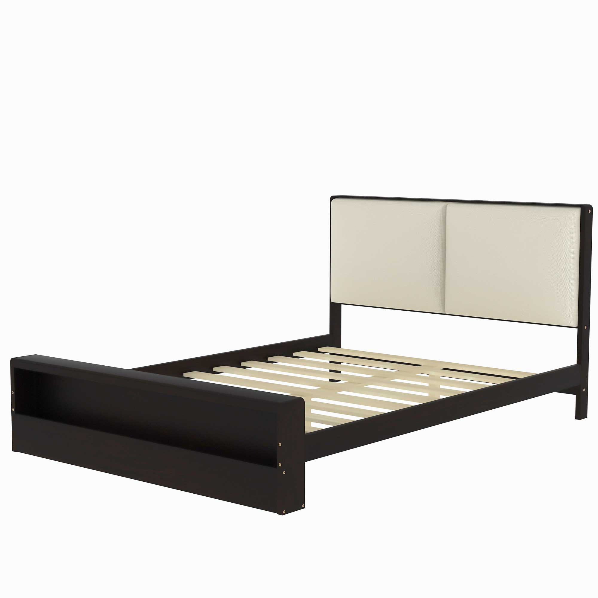 King/Queen Size Platform Bed Frame with Upholstery Headboard and Bookshelf in Footboard and LED Light Strips, Espresso