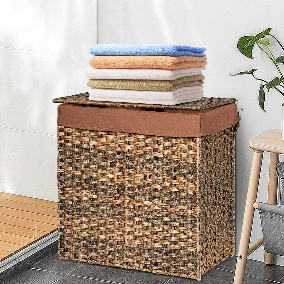 Mondawe Hand-woven Foldable Rattan Laundry Basket-Brown-Mondawe