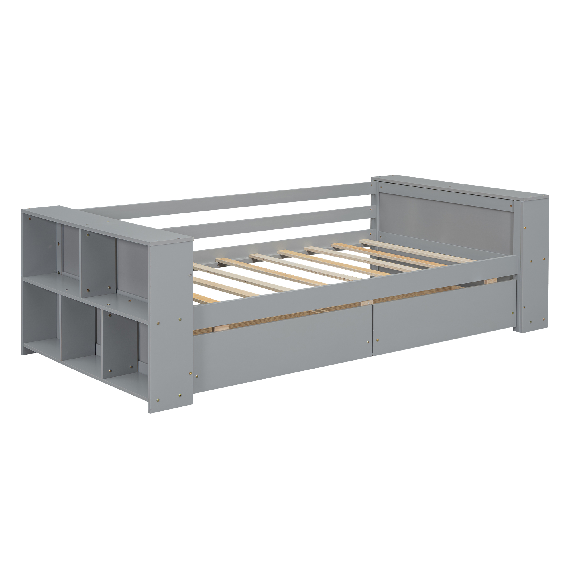 Twin Size Daybed with Shelves and Drawers, Gray/White