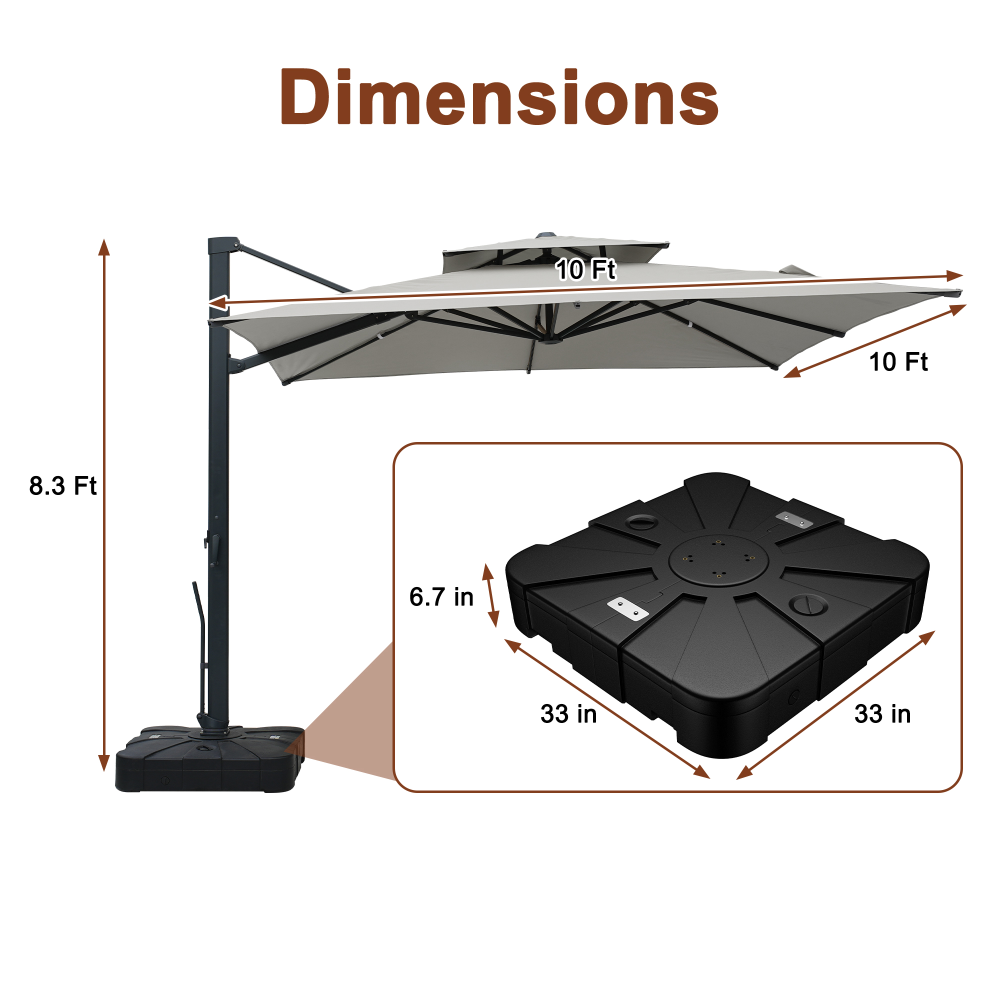 Aluminum Cantilever Patio Umbrella with Tilt Function, Removable Light Bar, and Base Included