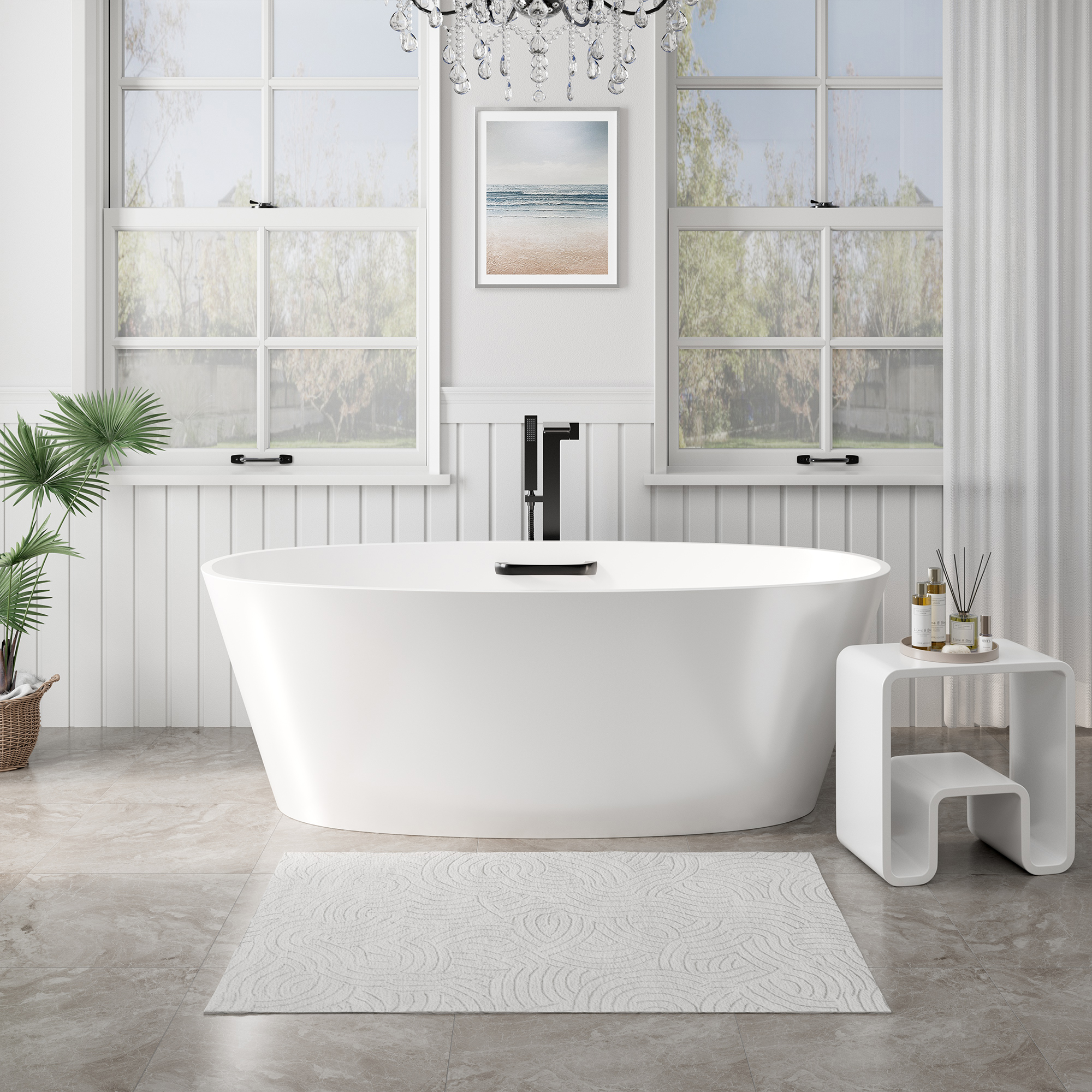 63" Matte White Solid Surface Freestanding Soaking Bathtub with One-Side Armrest