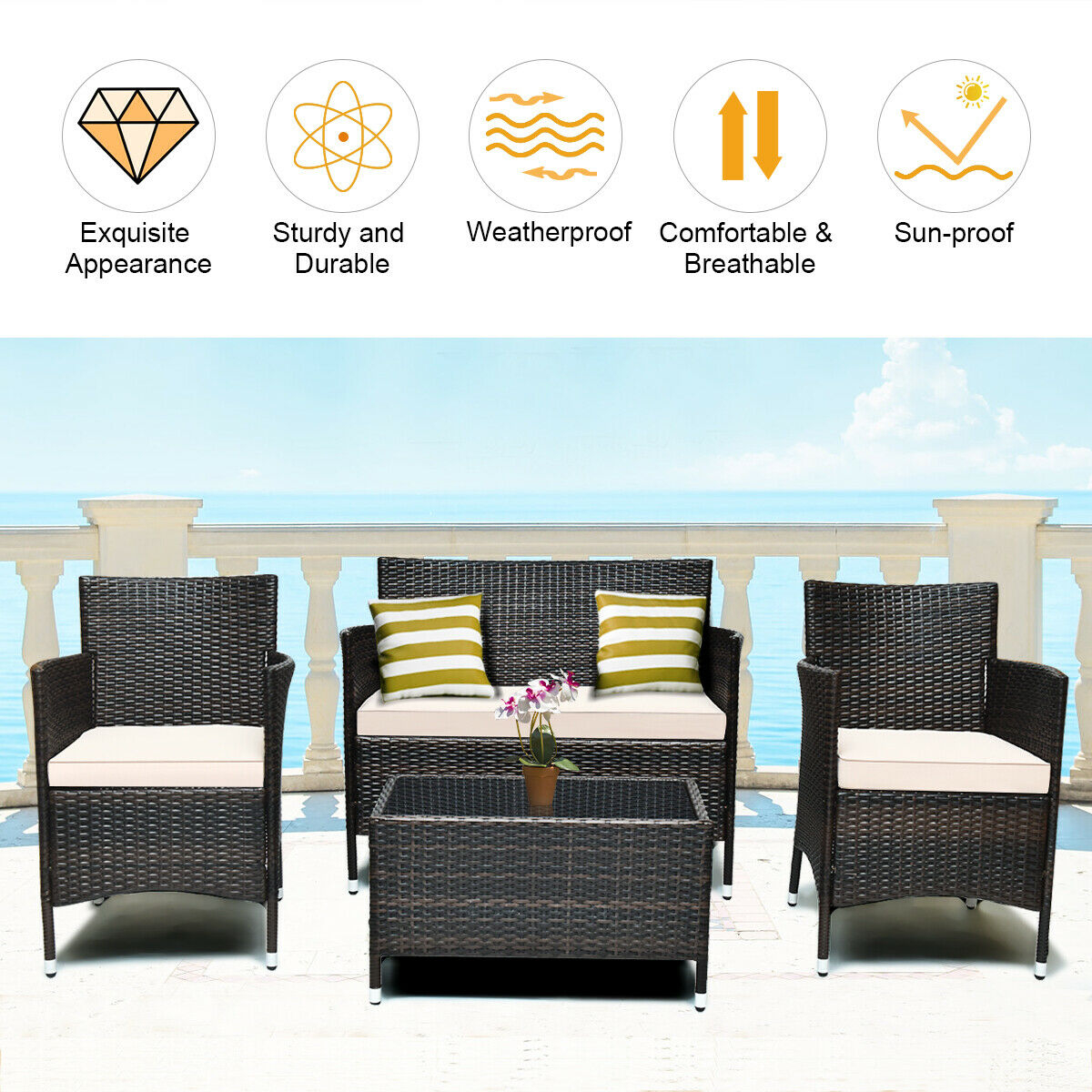 Mondawe 4 Pcs Rattan Outdoor Patio Conversation Furniture Set with Glass Table and Comfortable Wicker Sectional Sofa-Khaki-Mondawe