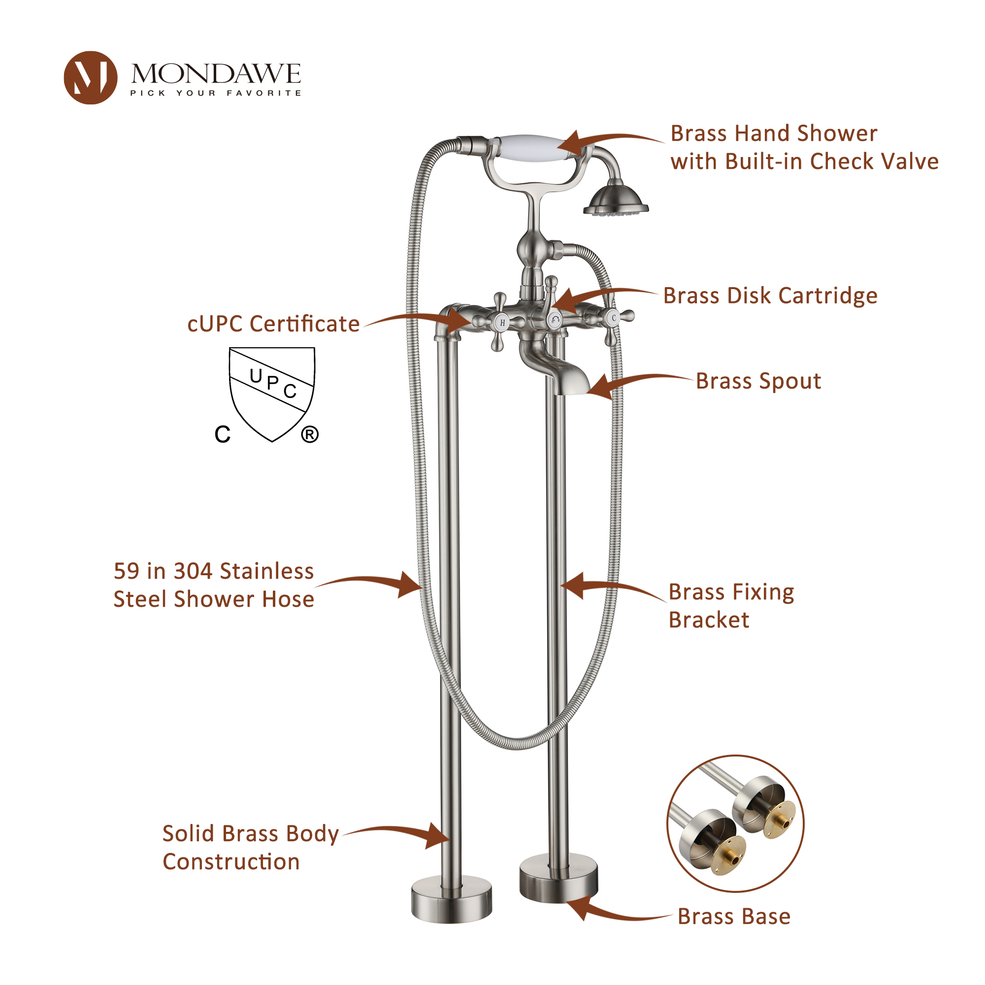 Mondawe 3-Handle Traditional Freestanding Bathtub Faucet(Brush Nickel)-Mondawe