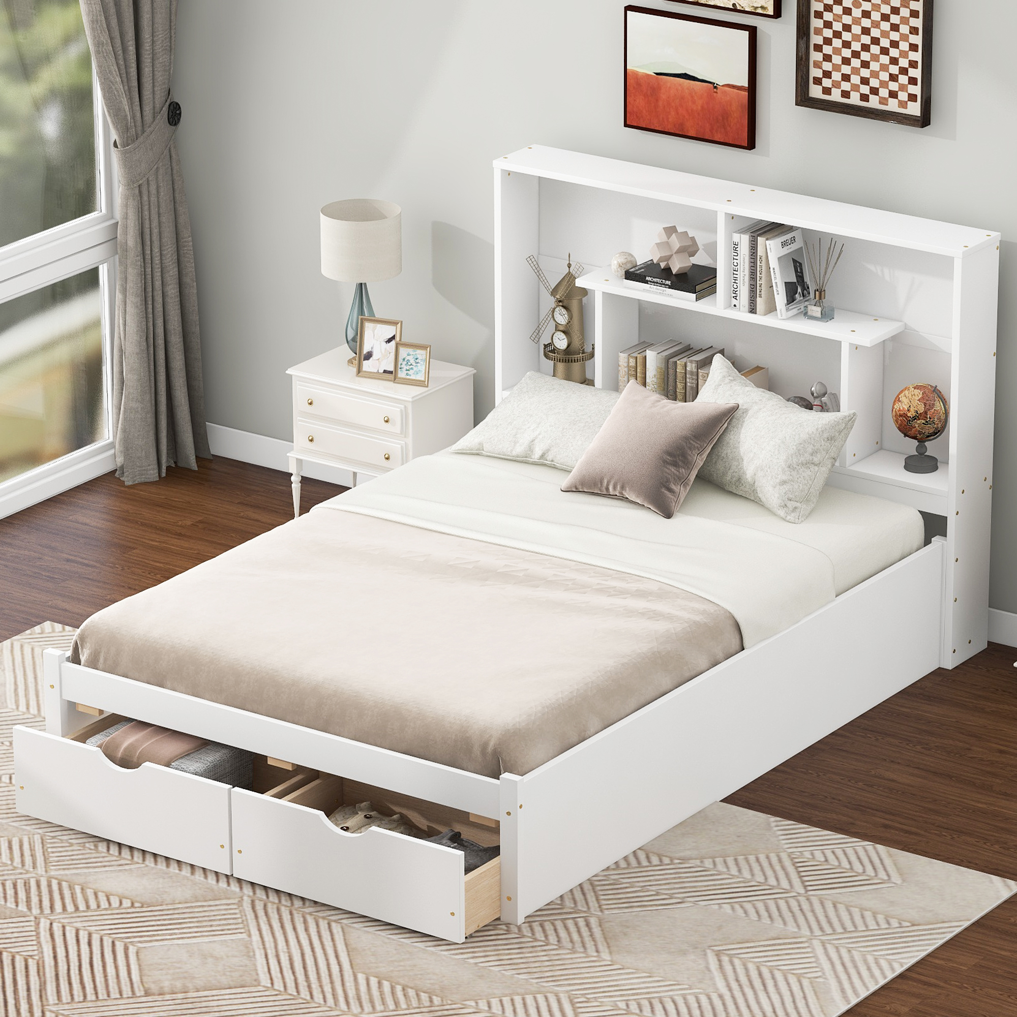 Full/Queen Size Platform Bed with Storage Headboard and 2 Drawers, Gray/White