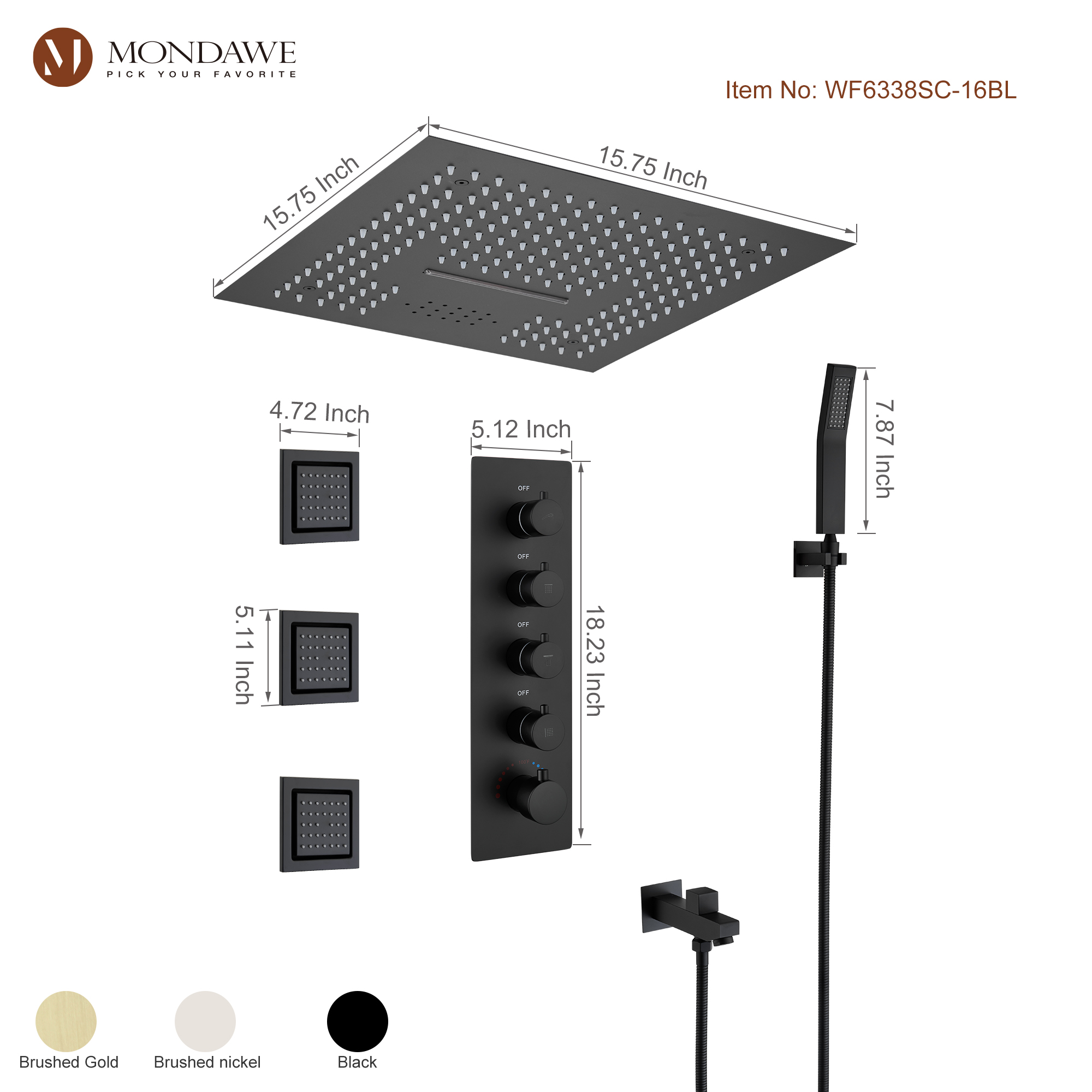 Mondawe 4-Way Shower System with LED and Music Player in Black/Nickel/Gold-Mondawe
