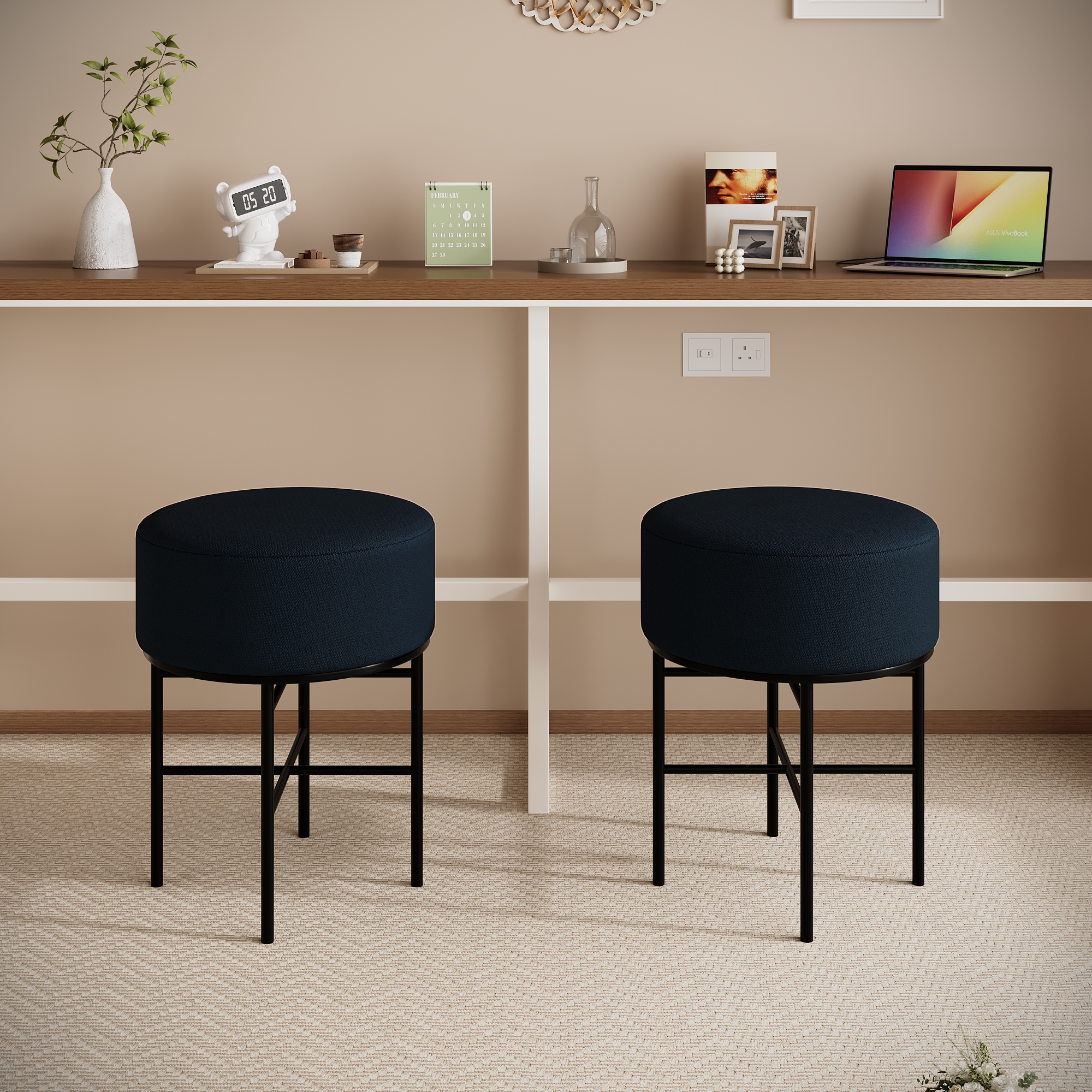 2 pcs Round Cushioned Vanity Stool, Linen Upholstered Vanity Stool for Makeup Room, Modern Soft Stool for Bar and Dining, Ottoman Footrest Stool with Metal Legs for Living Room, Bedroom(Matcha Green/Black) 