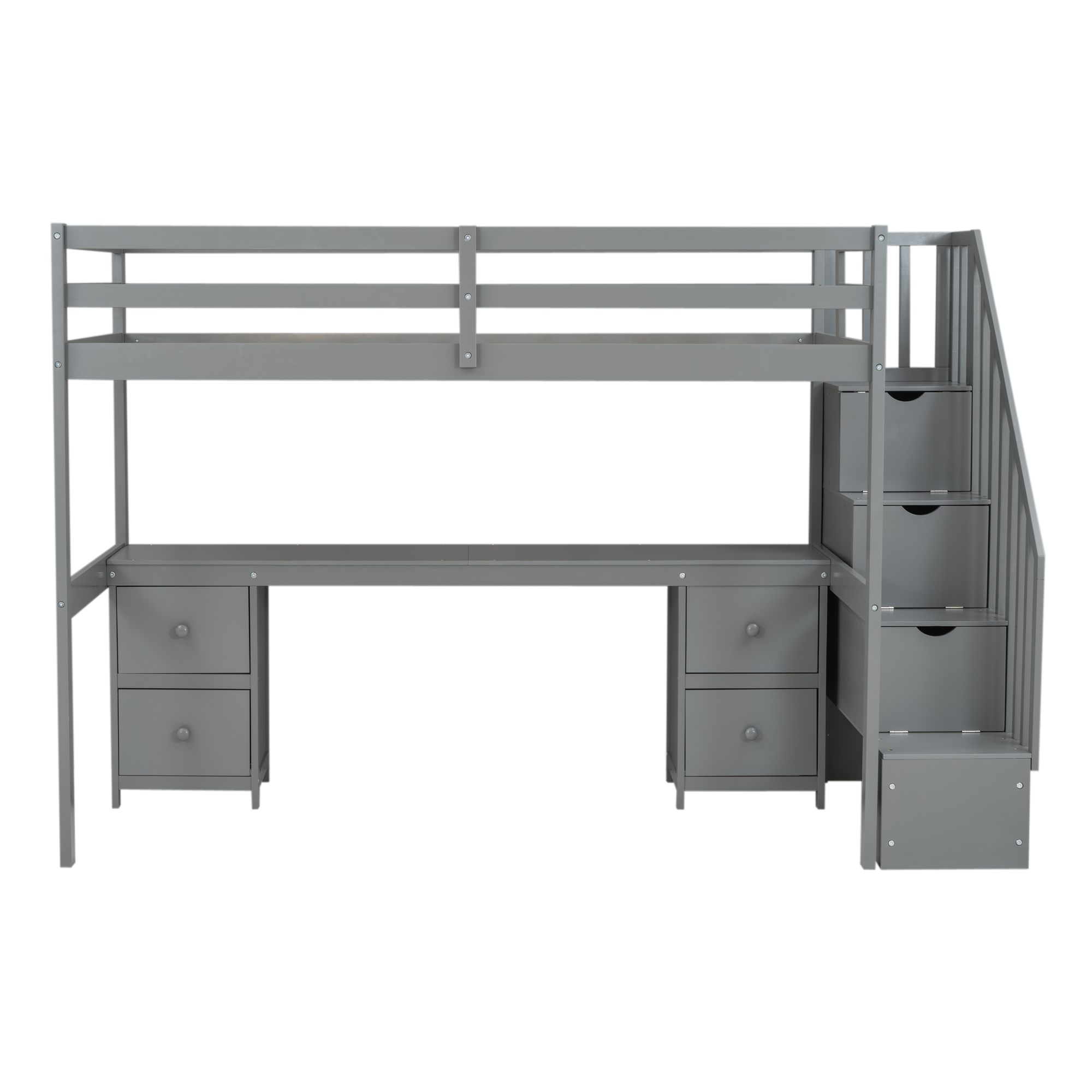 Twin Size Loft Bed Frame with Built-in Desk and Double Storage Drawers,White/Gray
