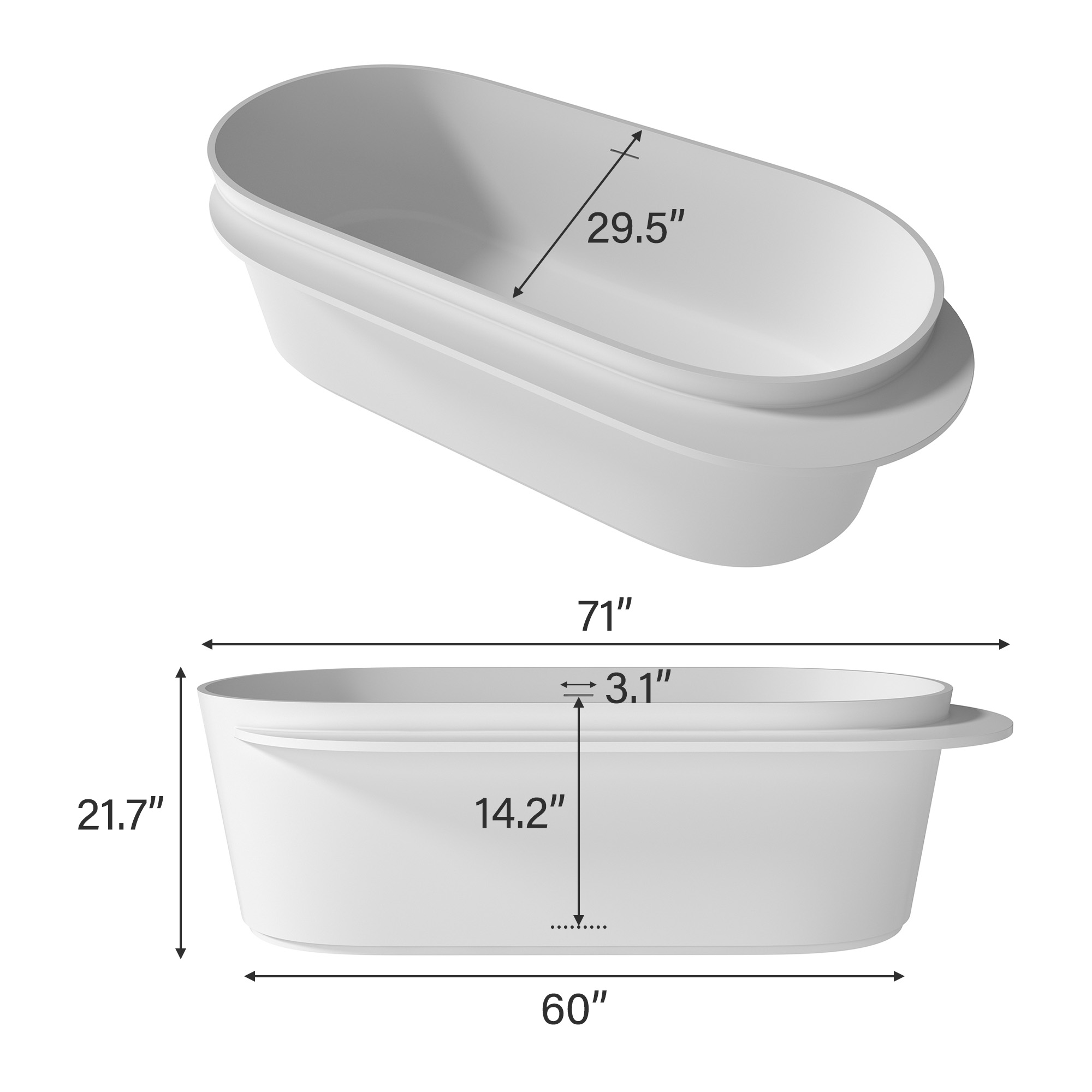 71 in. x 33 in. Solid Surface Stone Resin Freestanding Soaking Bathtub with Center Drain, Drainer, Hose in Matte White
