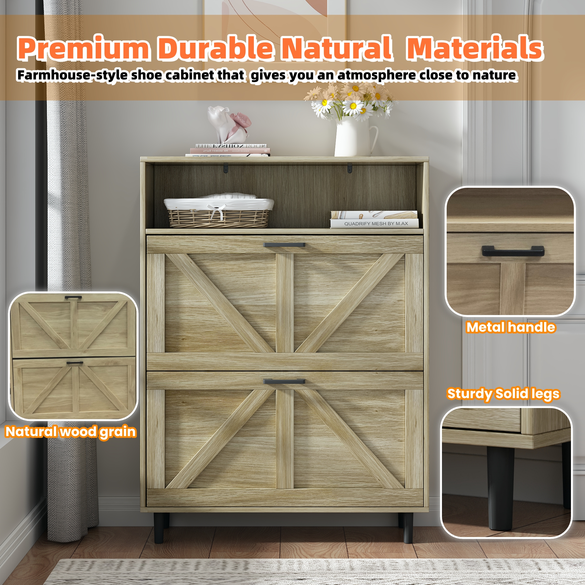 Farmhouse Shoe Storage Cabinet with Barn Door Design, Shoe Organizer with 2 Flip Drawers, Freestanding Narrow Shoe Rack Cabinet with Open Storage for Entryway,Foyer,Hallway,(Antique White/Natural Wood) 