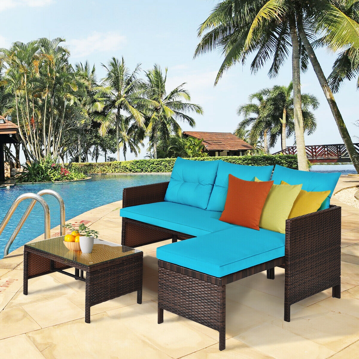 Mondawe 3 Piece Patio Wicker Rattan Sofa Set-Turquoise-Mondawe