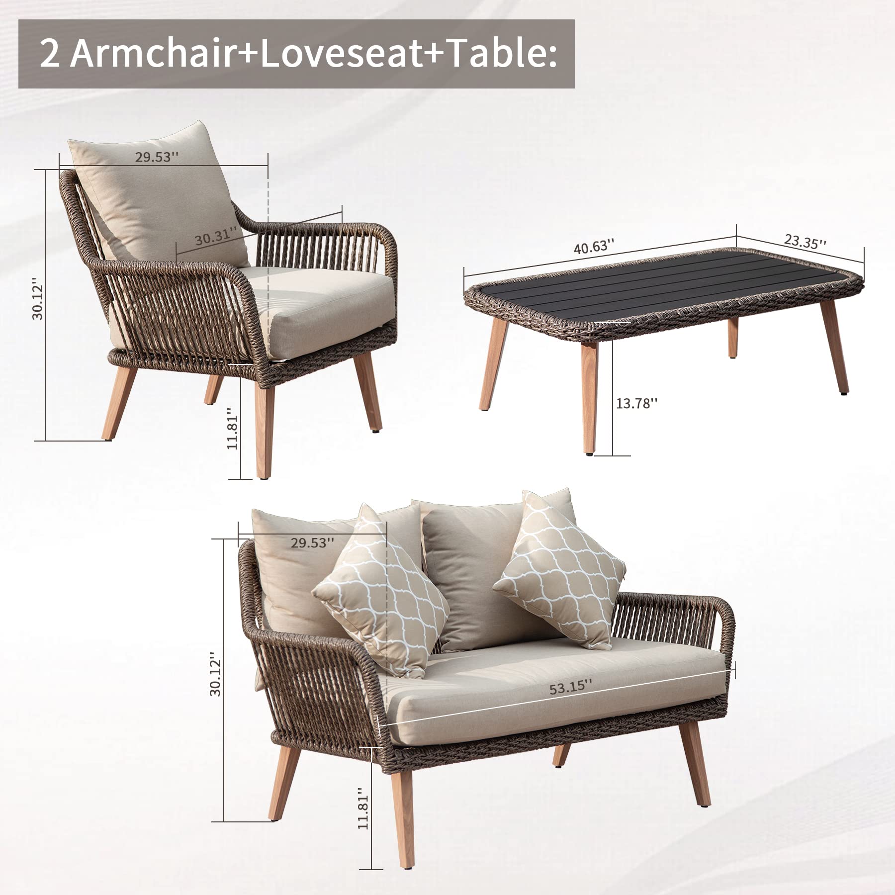 Patio Conversation Sets 4-Pieces, Handwoven Rattan Wicker Aluminum Frame Outdoor Patio Set, All-Weather Modern Rope Patio Loveseat with Coffee Table for Garden Balcony Deck Poolside Porch (Khaki)