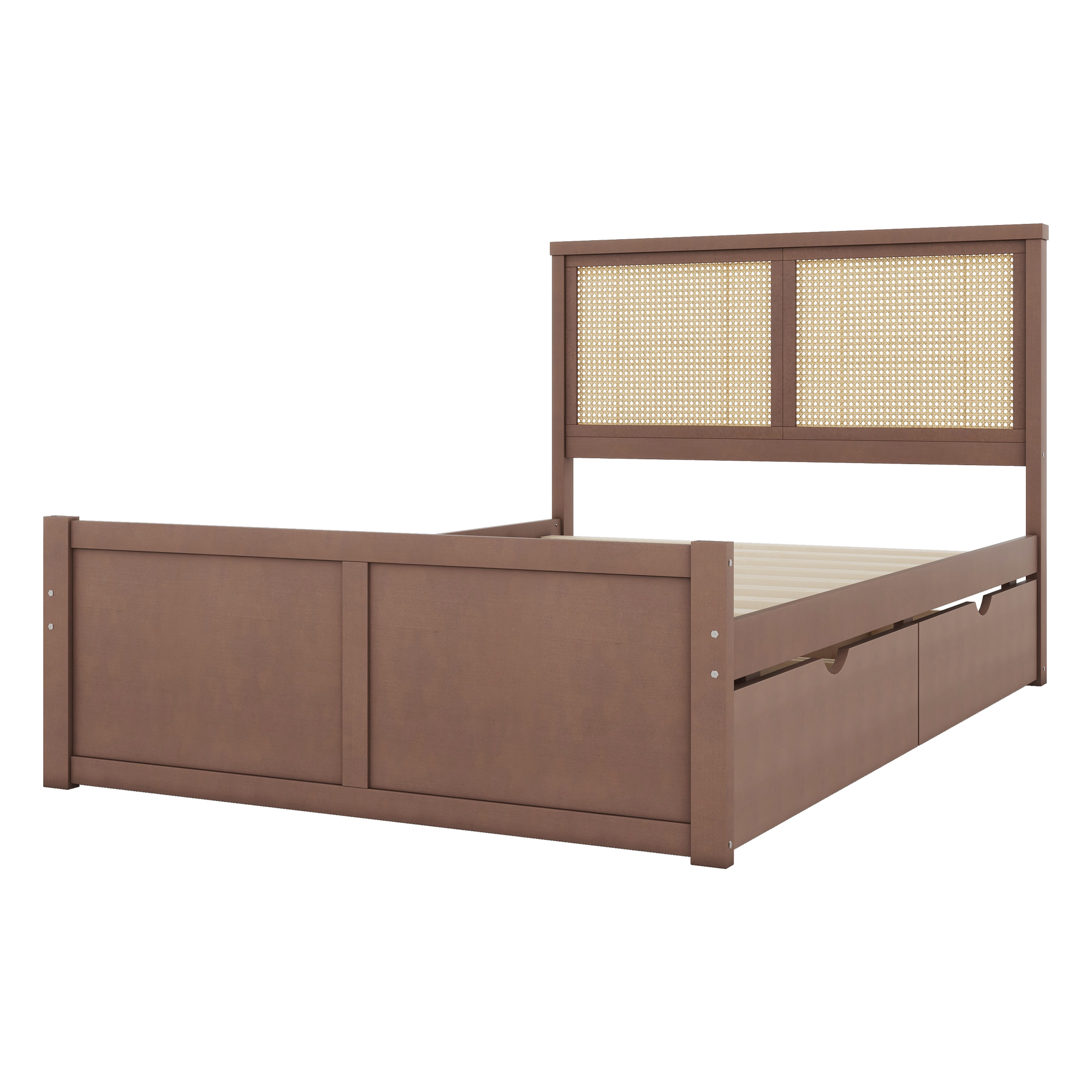 Queen/Full Size Wood Storage Platform Bed with 4 Drawers, Rattan Headboard, Espresso/Nature 